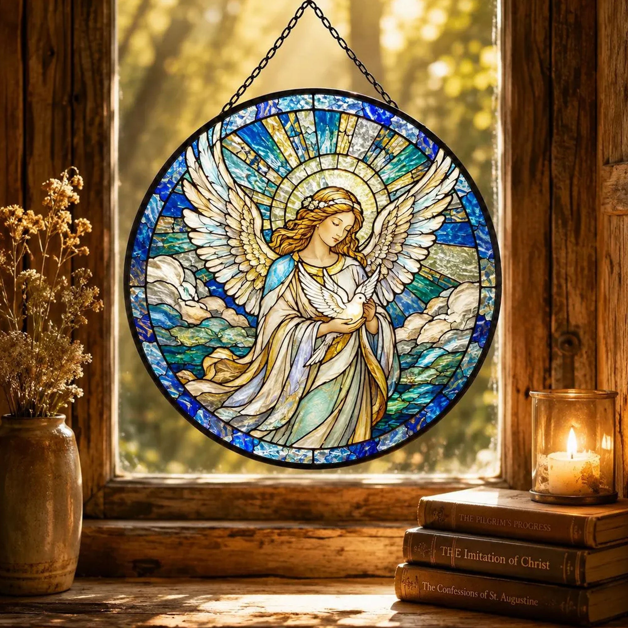 Praying Angel Glass Suncatcher, Christian Memorial Window Hanging Gift for Her