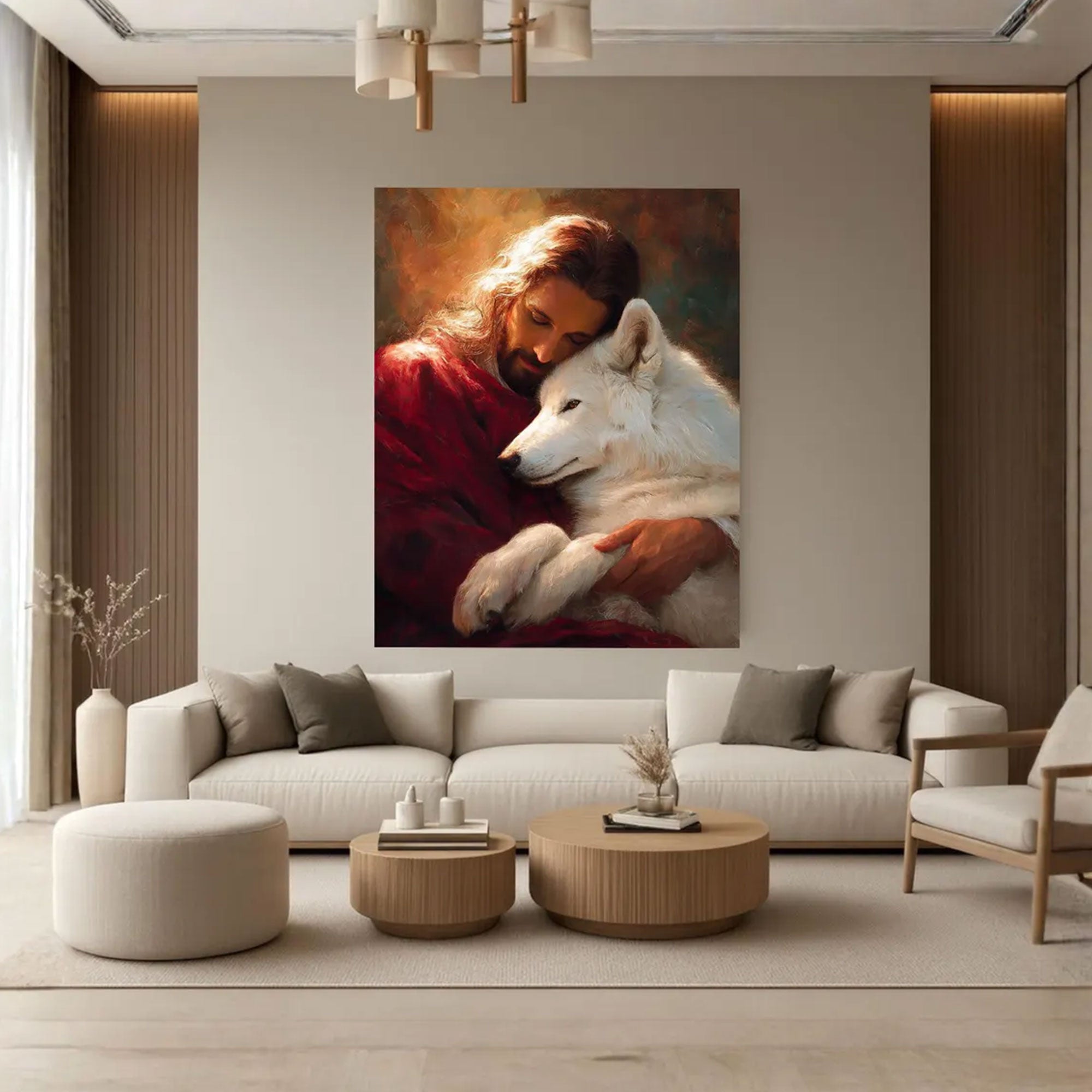 Jesus Holding Wolf Canvas Wall Art, Symbol of Redemption and Transformation, Christian Faith Decor, Spiritual Healing Artwork, Inspirational Home Gift