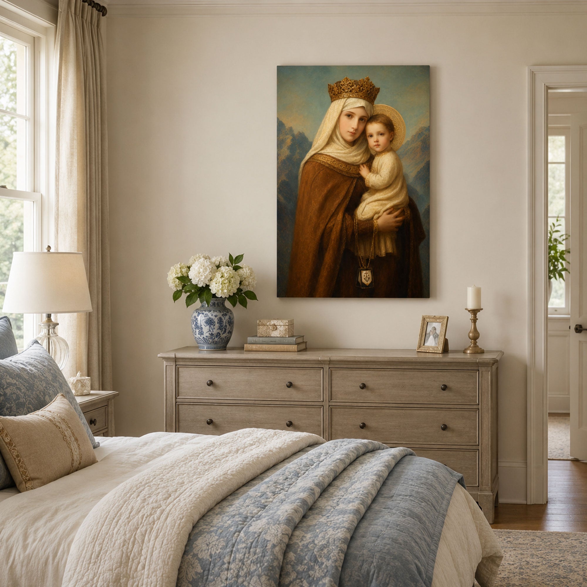 Our Lady of Mount Carmel Canvas Print, Catholic Virgin Mary with Child Jesus Wall Art Gift