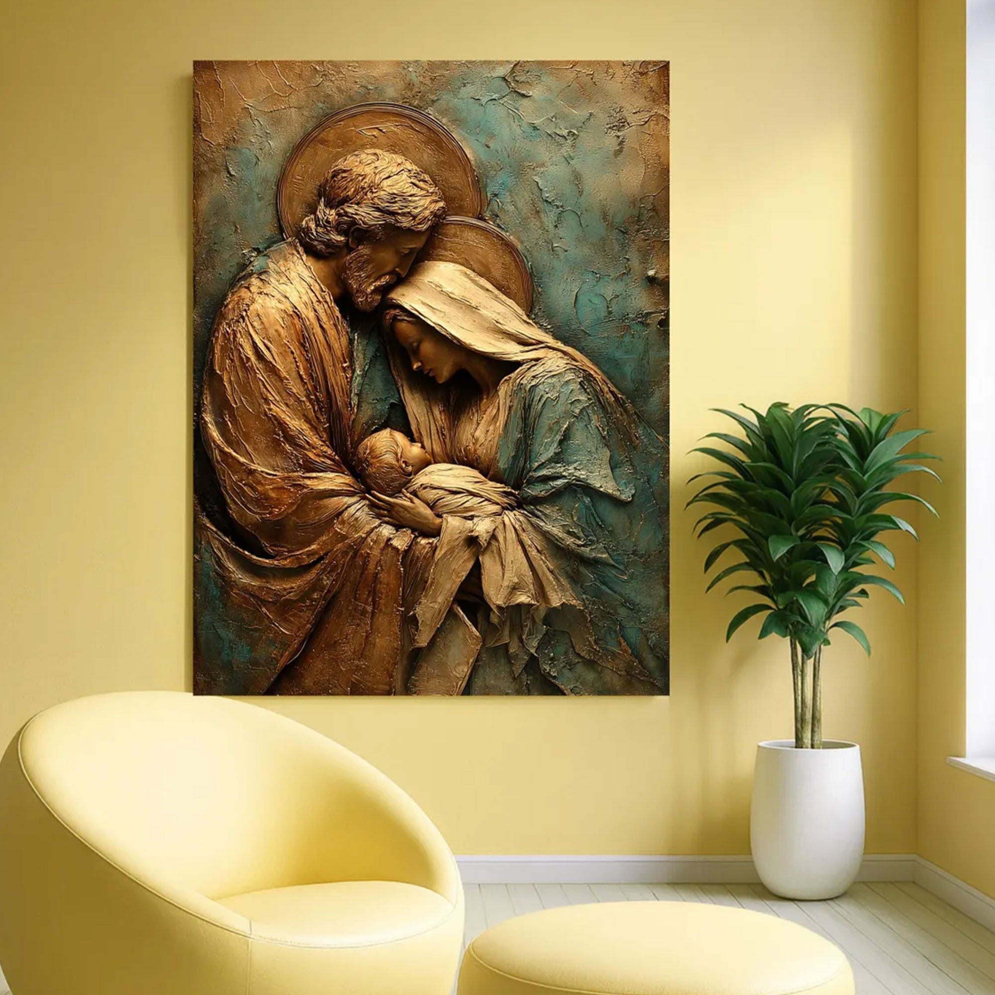 Holy Family Canvas Art, Gold and Teal Religious Wall Decor, Elegant Christian Home Decoration