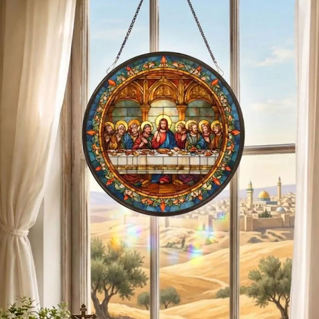 The Last Supper Stained Glass Suncatcher, Da Vinci Inspired Window Hanging, Christian Decor Gift