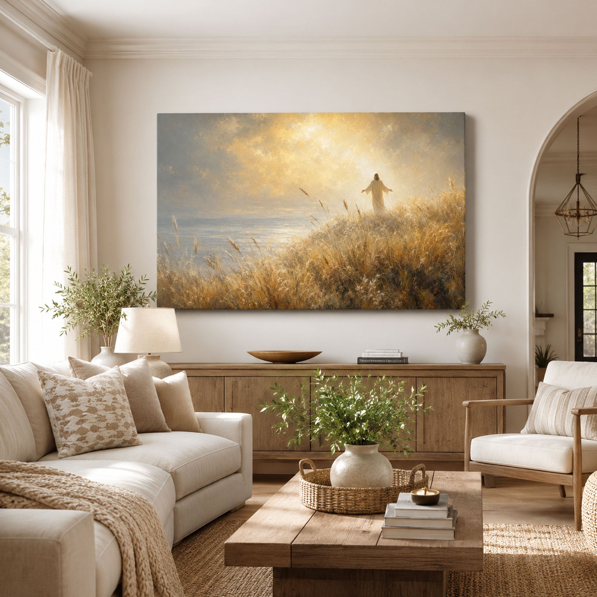 Jesus Walking Through Golden Meadow Canvas Print, Christian Light of Christ Wall Art, Peaceful Faith Home Decor Gift