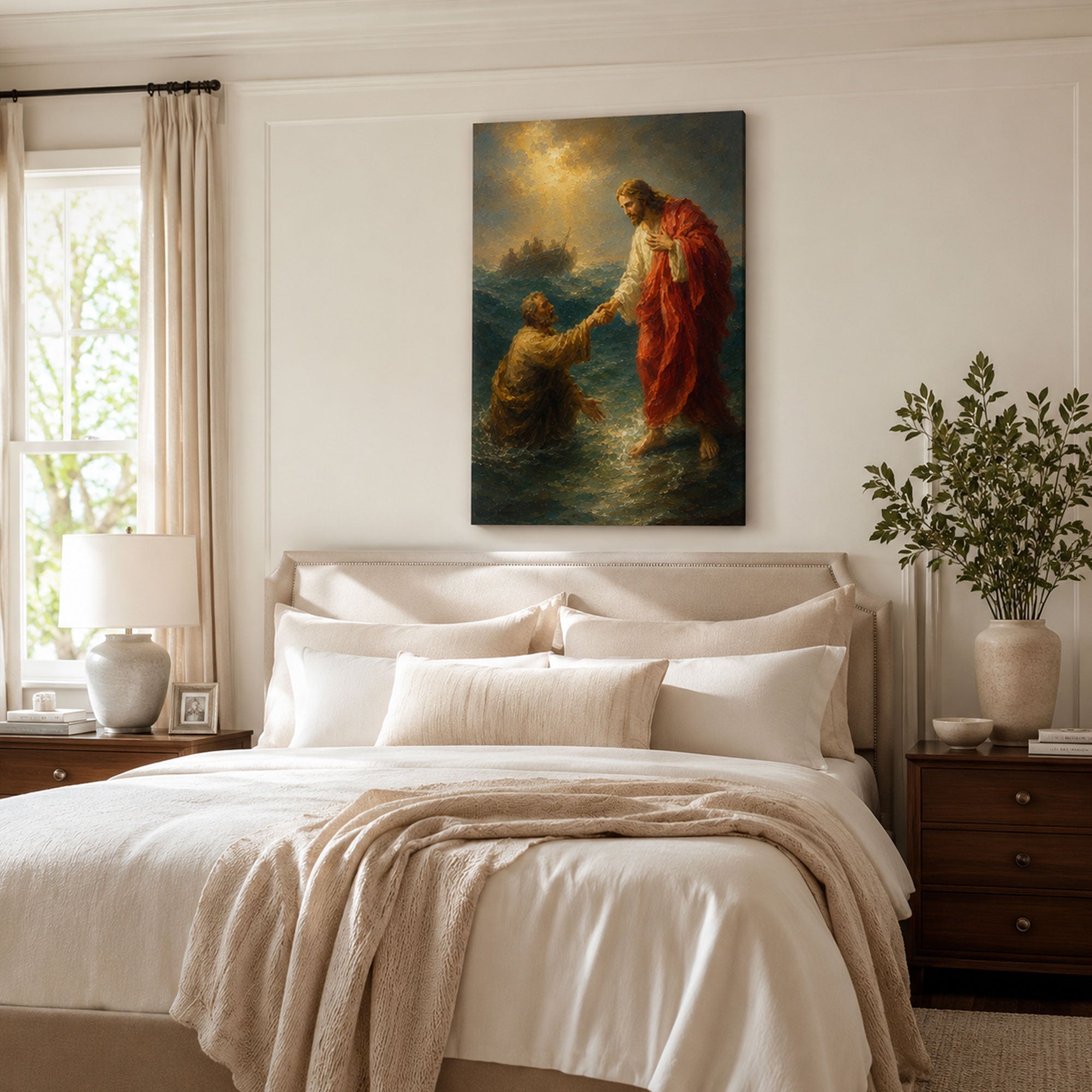 Jesus Saves Peter Canvas Print, Matthew 14:30-31 Walking on Water Christian Wall Decor, Faith Gift
