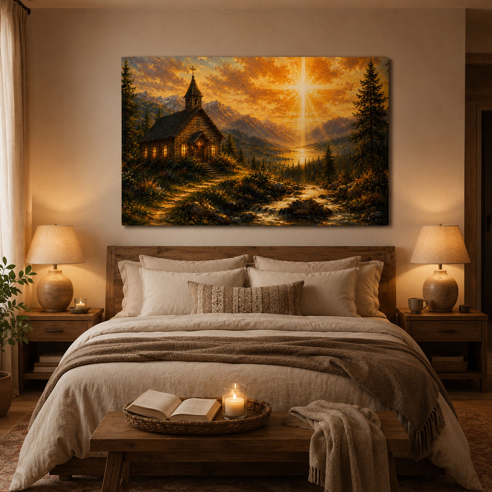 Mountain Church Canvas Print, Heavenly Cross Christian Wall Art, Faith Home Decor