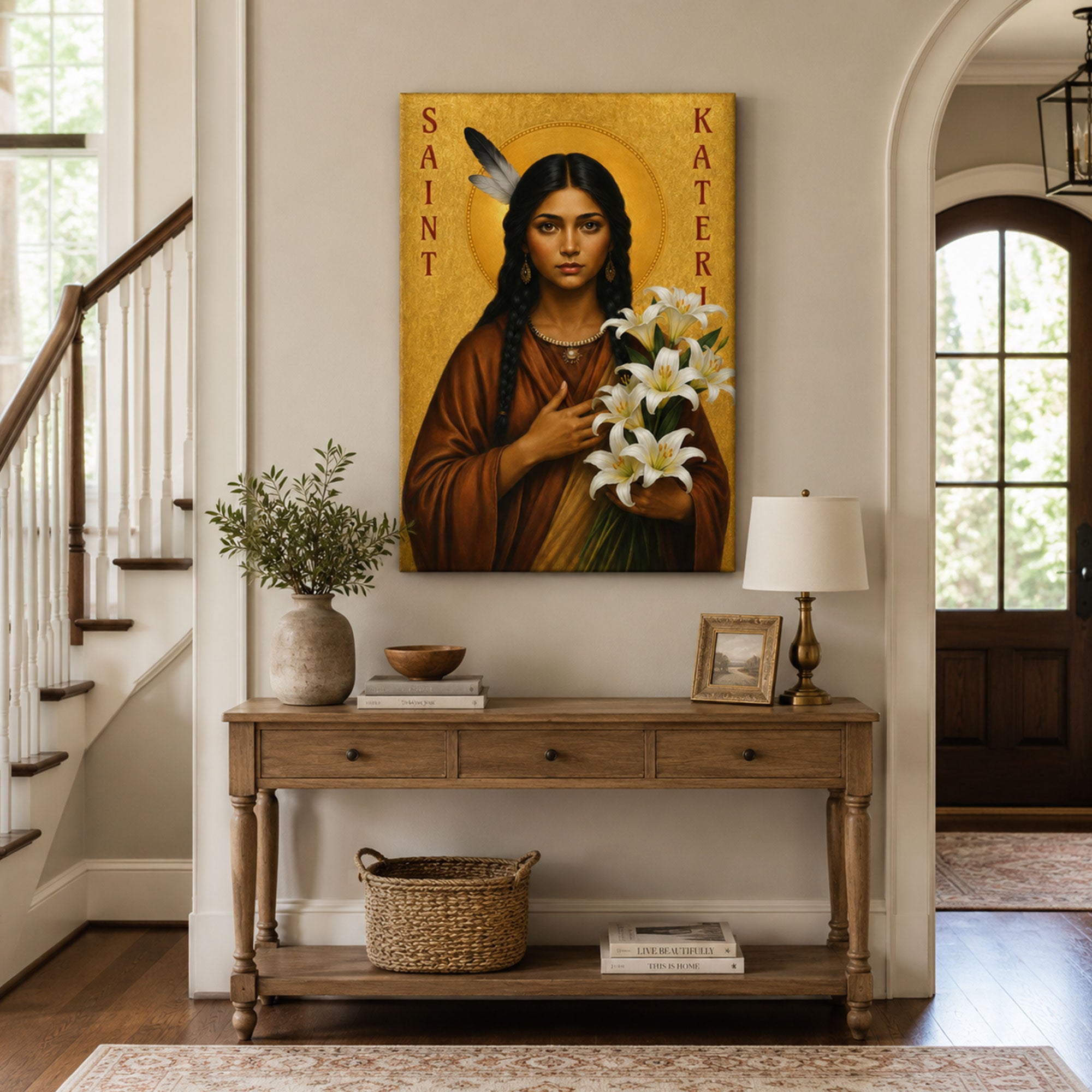 Saint Kateri with Lilies Canvas Print, Native American Catholic Saint Wall Art, Gold Icon Faith Home Decor Gift