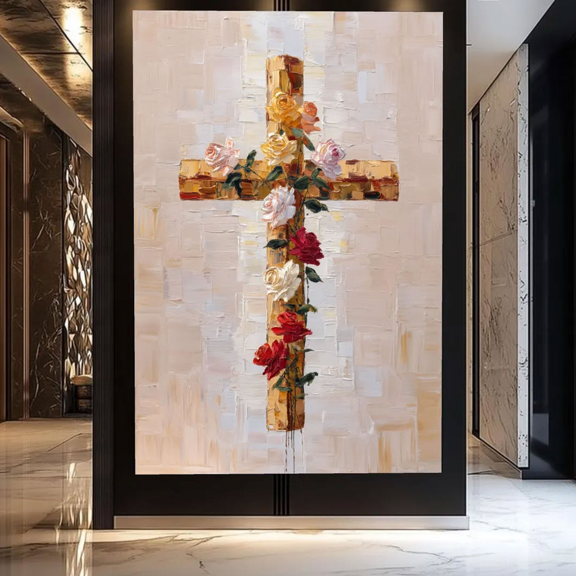 Floral Cross Canvas Print, Rose Christian Wall Art, Religious Faith Decor, Inspirational Spiritual Artwork