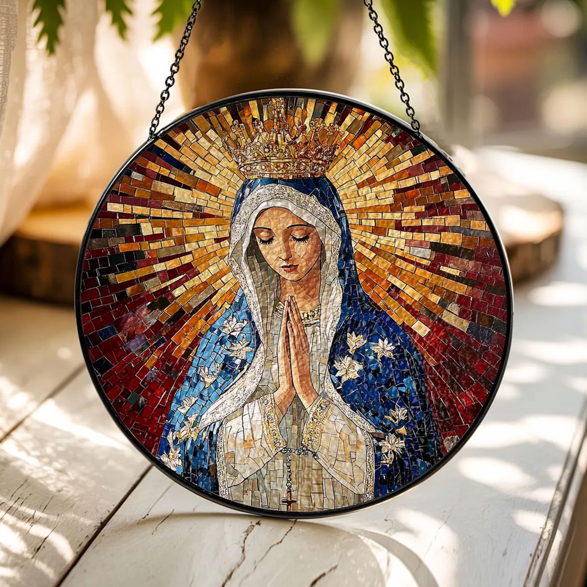 Blessed Virgin Mary Stained Glass Suncatcher, Praying Madonna Window Hanging, Catholic Religious Decor, Faith Gift