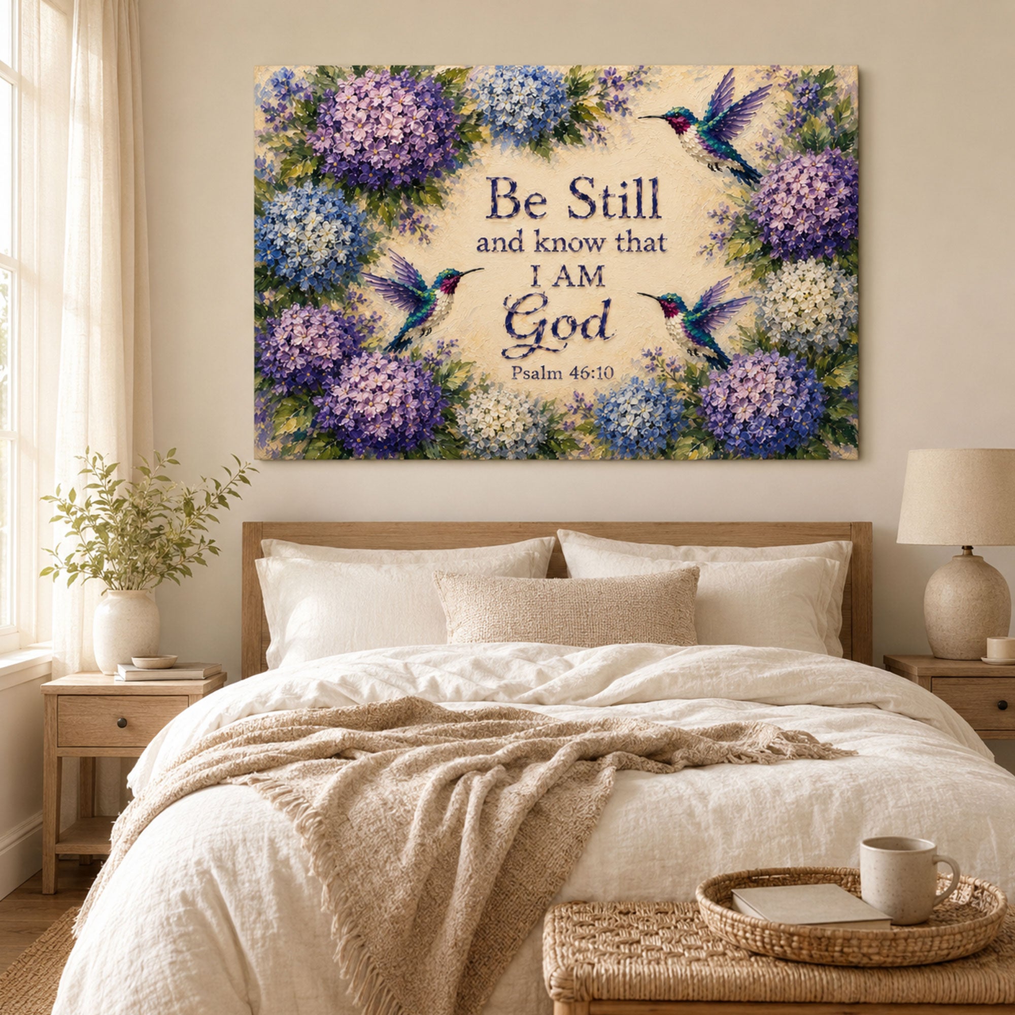 Be Still Psalm 46:10 Canvas Print, Hummingbird Floral Christian Scripture Wall Art, Peaceful Faith Home Decor