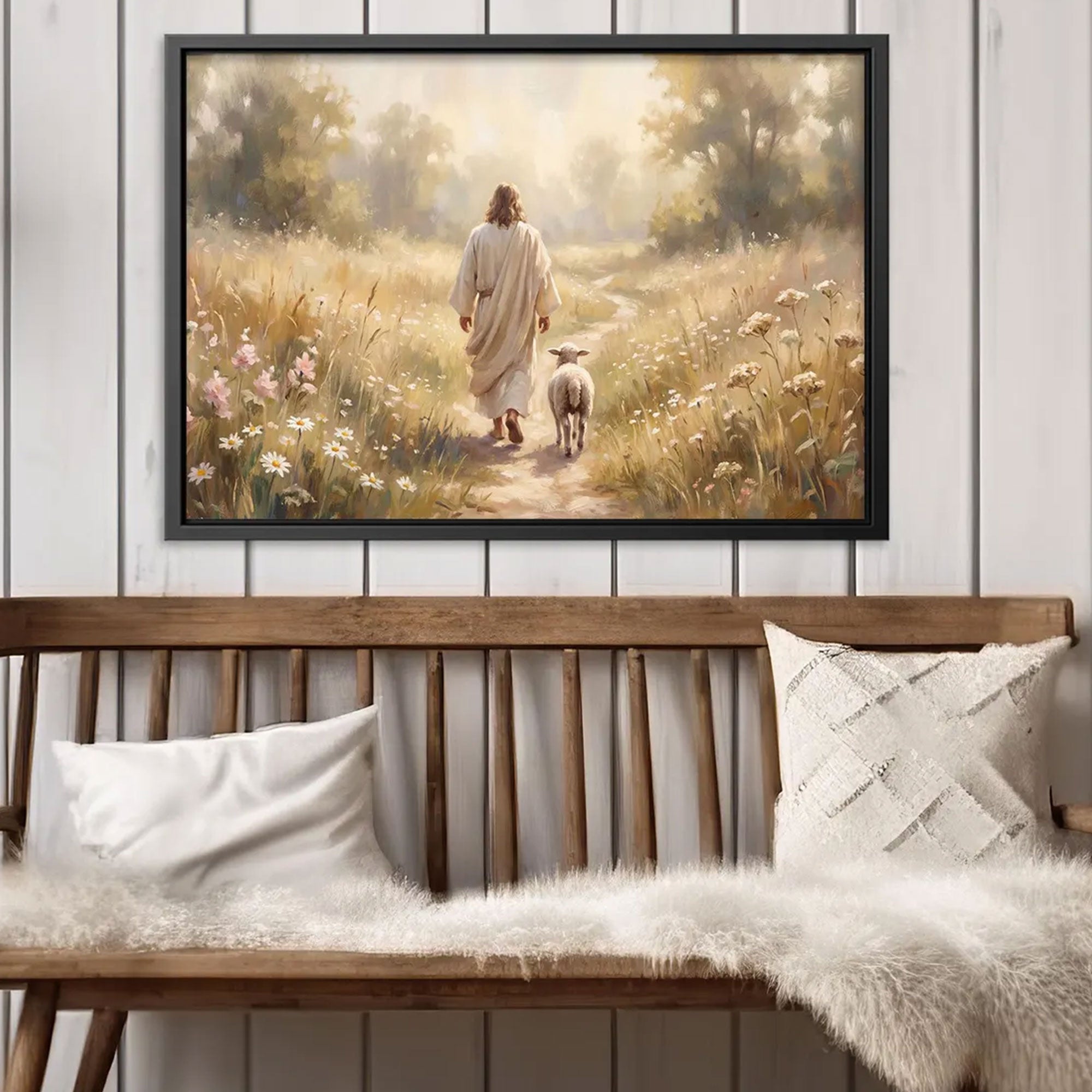 Jesus Walking with Lamb Canvas Print, Good Shepherd Christian Wall Art, Religious Home Decor