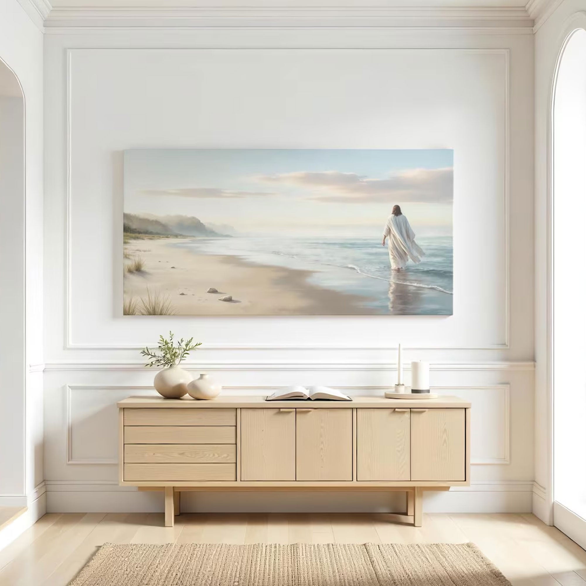 Jesus Beach Canvas Print, Coastal Christian Wall Art, Large Religious Ocean Decor