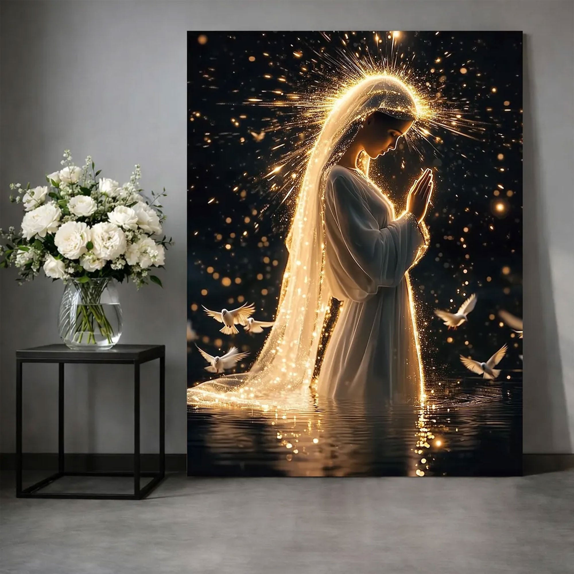 Holy Virgin Mary Canvas Art, Sacred Light Catholic Wall Decor, Blessed Mother Religious Artwork, Inspirational Faith Gift, Prayer Room Home Decor