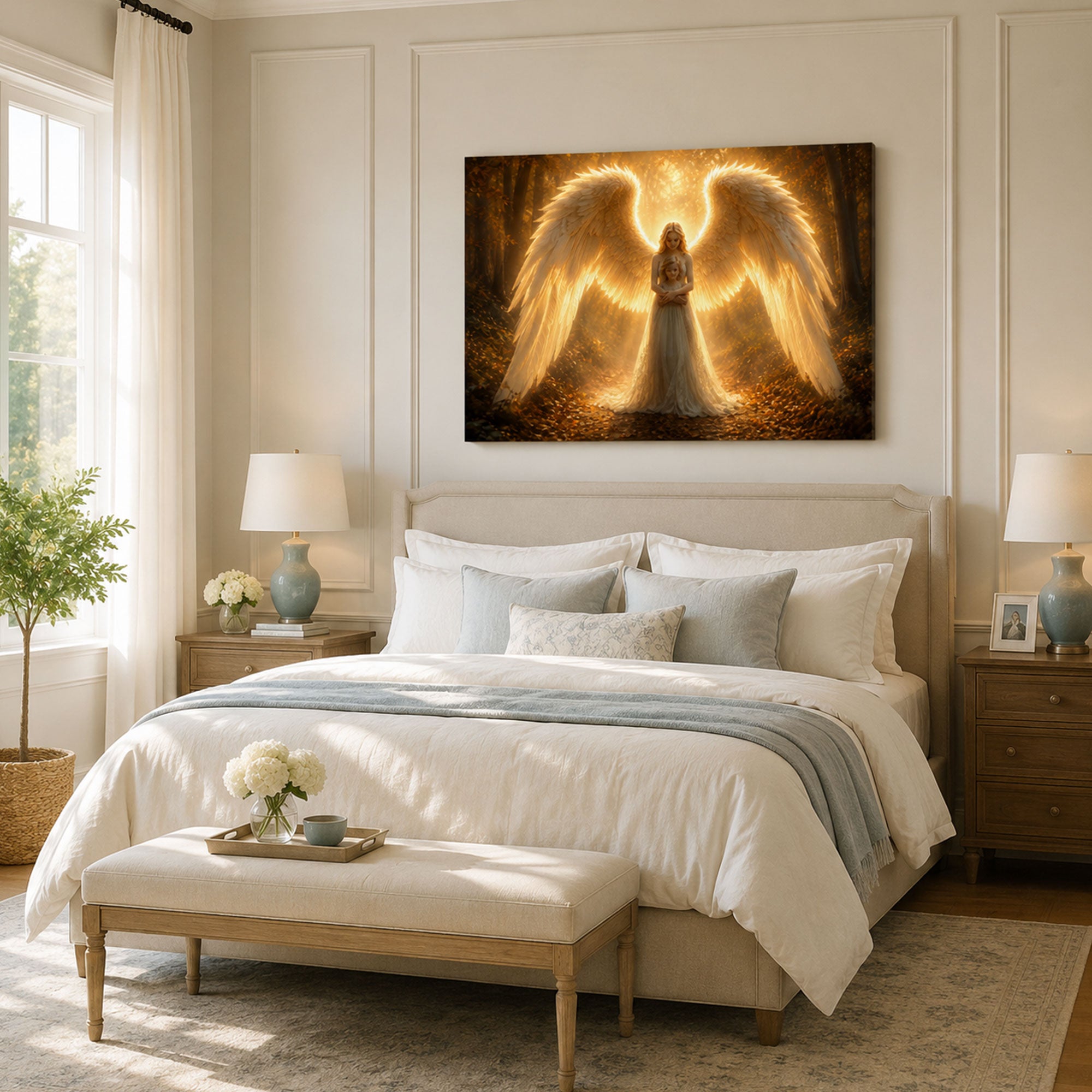 Guardian Angel with Child Canvas Print, Christian Angel Wall Art, Golden Light Faith Home Decor Gift