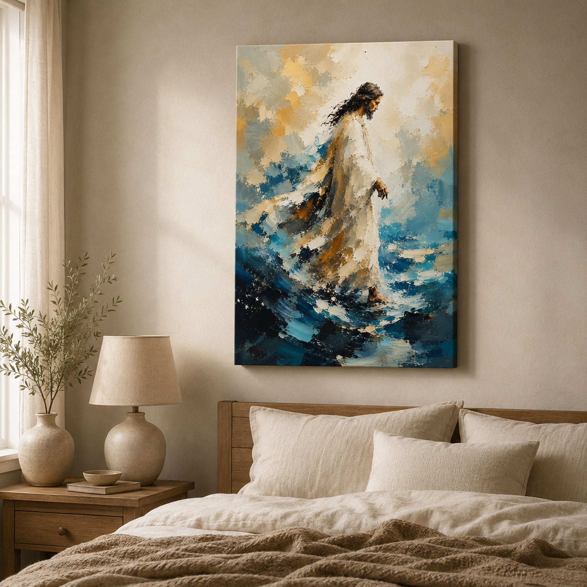Jesus Walking on Water Canvas Print, Blue Christian Wall Art, Faith and Peace Home Decor