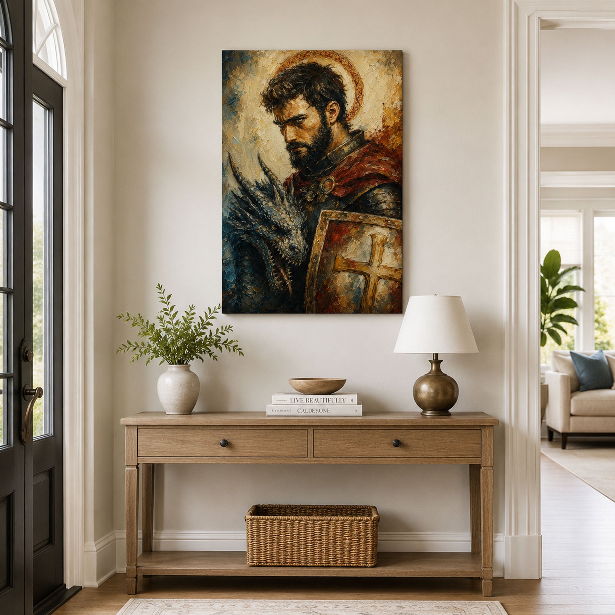 Saint George Defender of the Faith Canvas Print, Cross Shield Catholic Decor