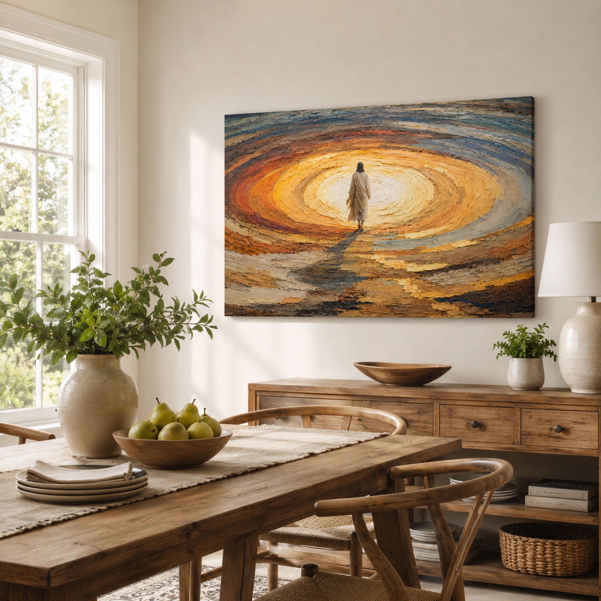 Jesus Walking Into the Light Canvas Print, Abstract Christian Wall Art, Colorful Faith Home Decor Gift