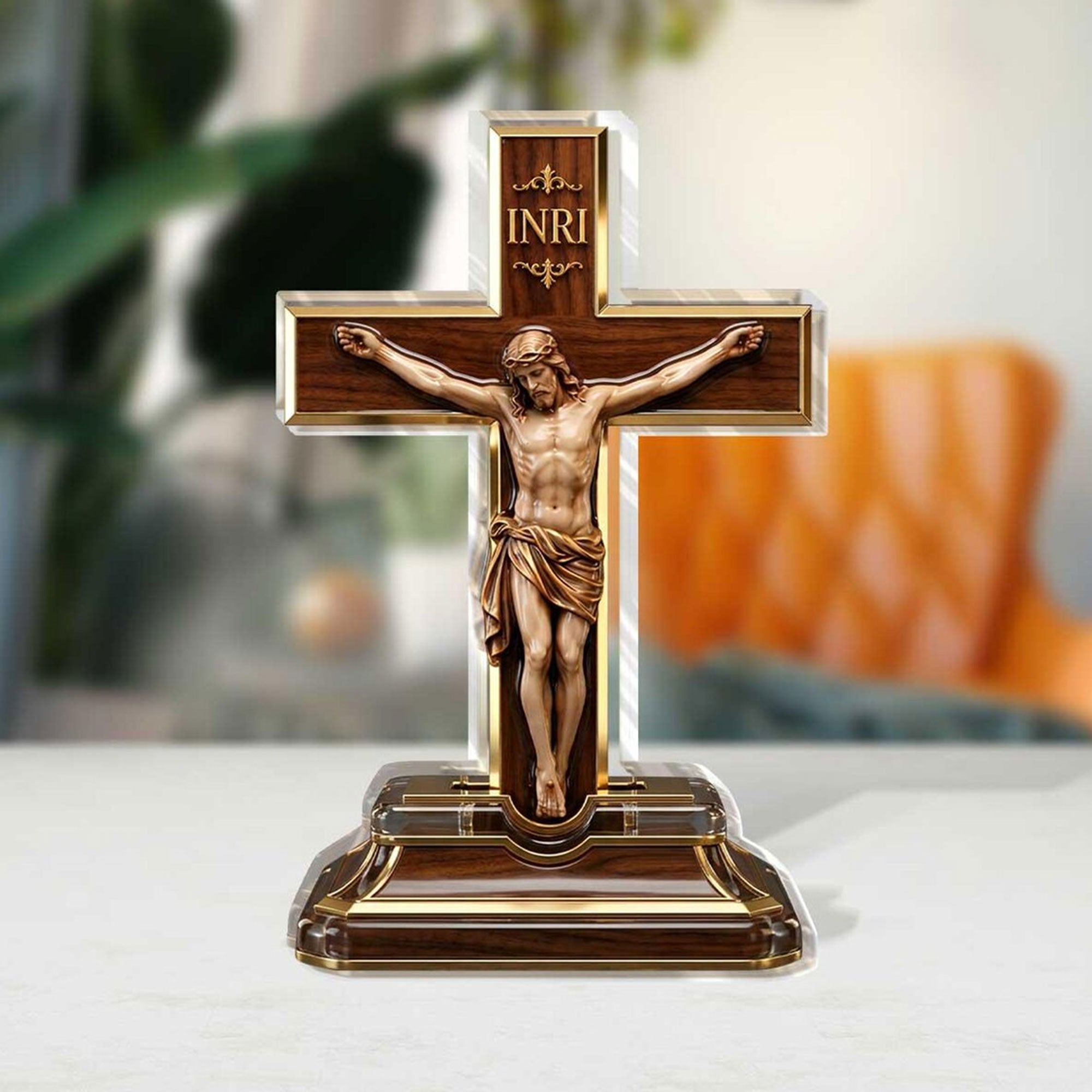 Jesus on the Cross Acrylic Plaque, Personalized Baptism Keepsake, Catholic Christian Gift, Single-Sided 2D Religious Table Decor