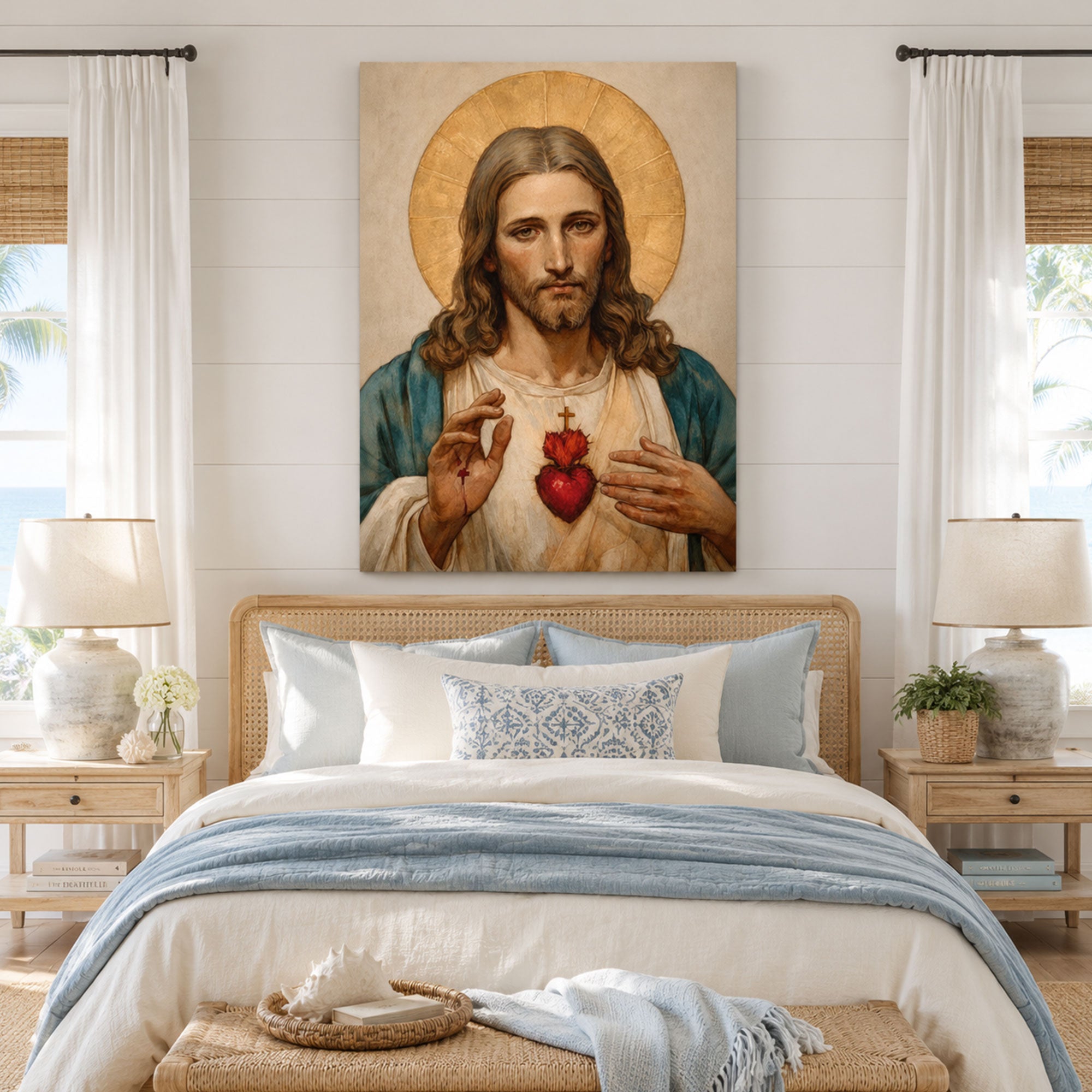 Sacred Heart of Jesus Watercolor Canvas Print, Catholic Christian Wall Art, Religious Faith Home Decor