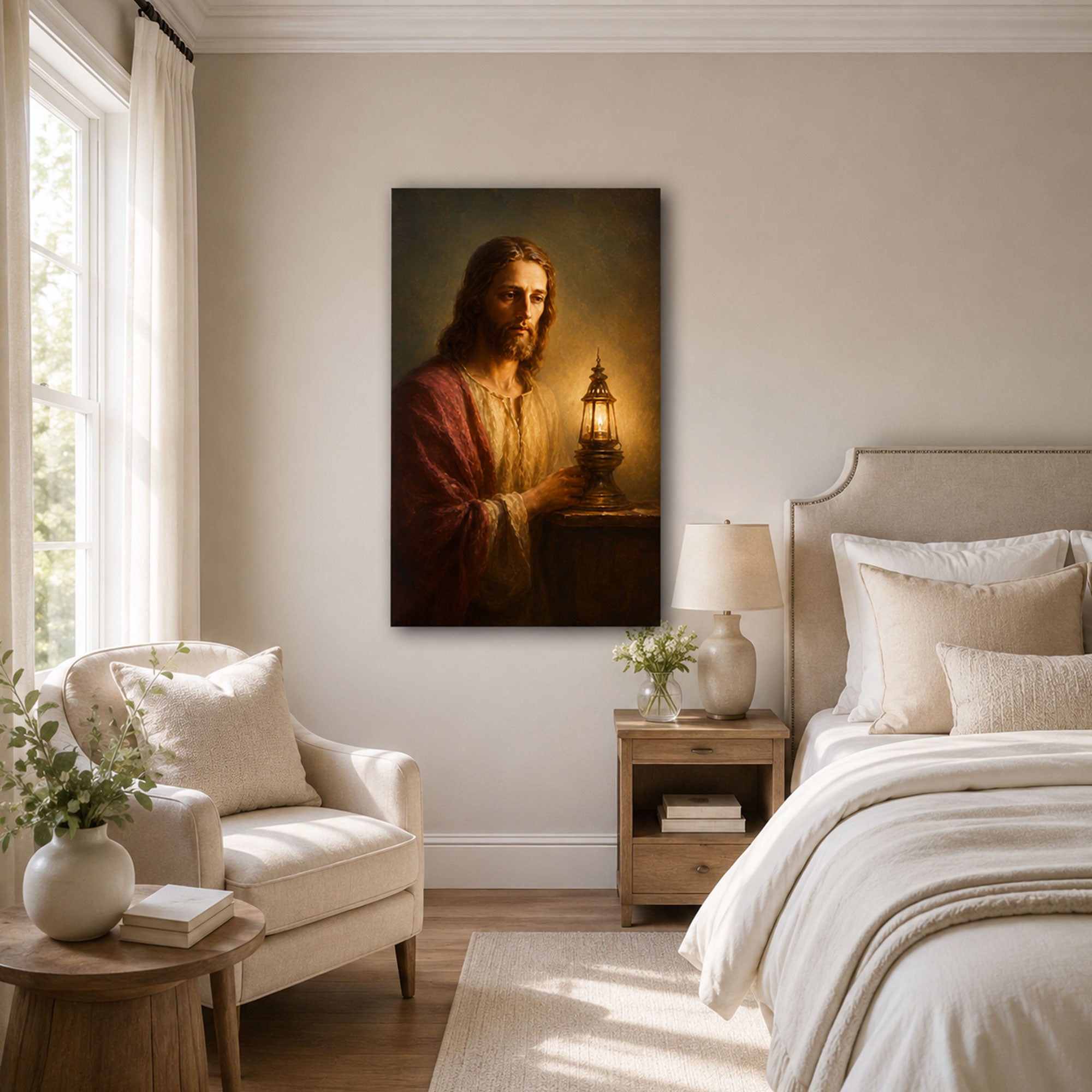 Jesus Light of the World Canvas Print, Christian Lantern Wall Art, Warm Faith Home Decor Gift