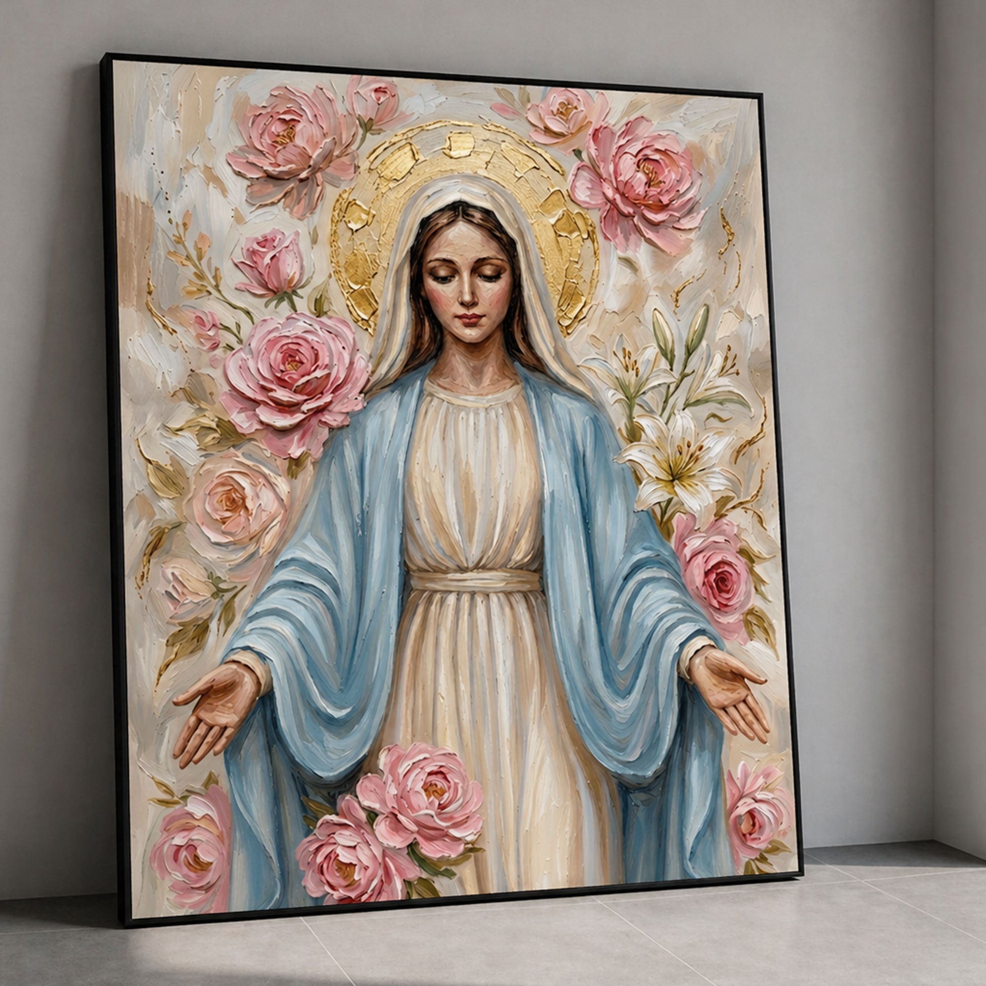 Virgin Mary of Gentle Grace Canvas Print, Soft Floral Madonna Wall Art, A Symbol of Love, Peace, and Divine Comfort