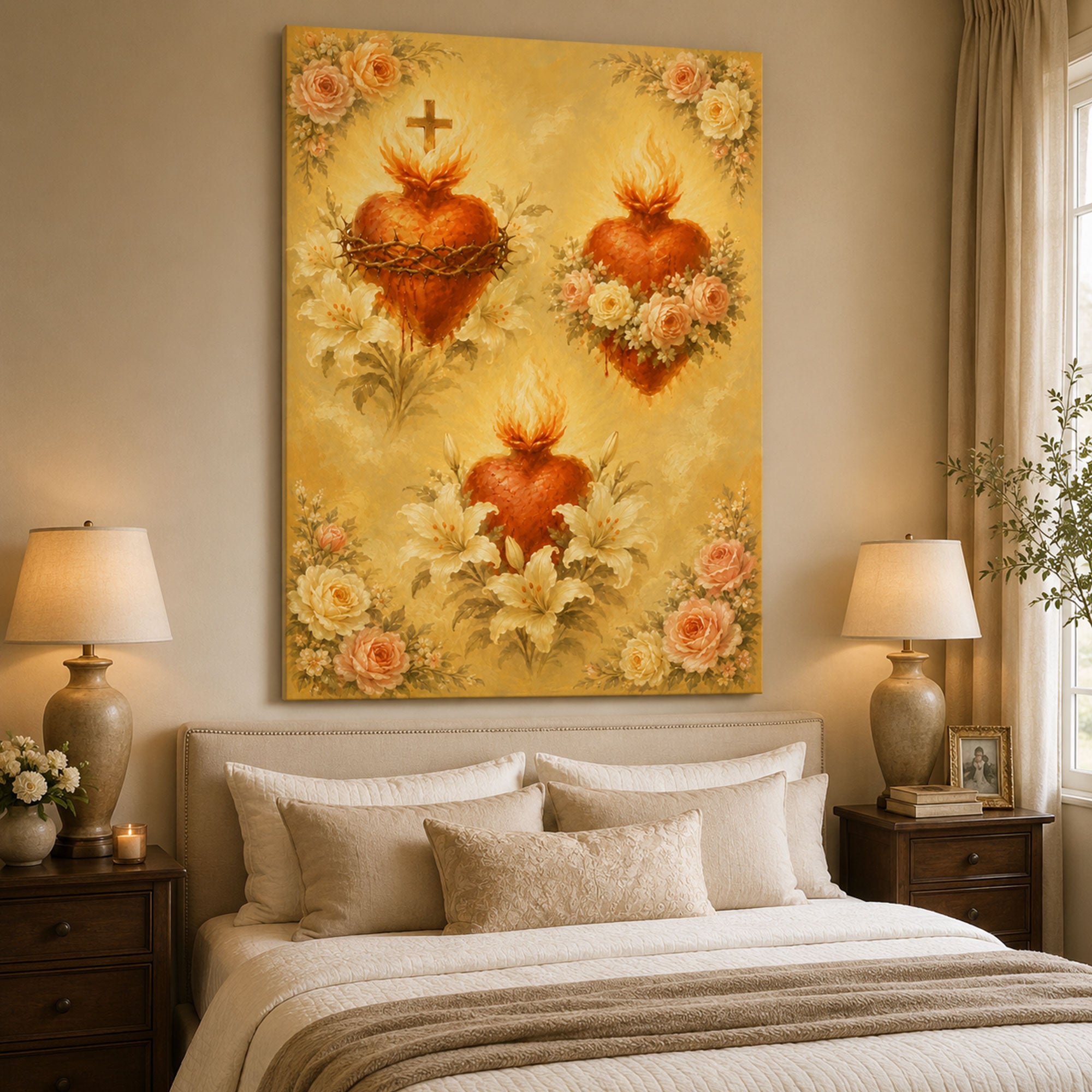 Sacred Heart of Jesus Canvas Print Catholic Floral Wall Art Lily Rose Christian Faith Home Decor