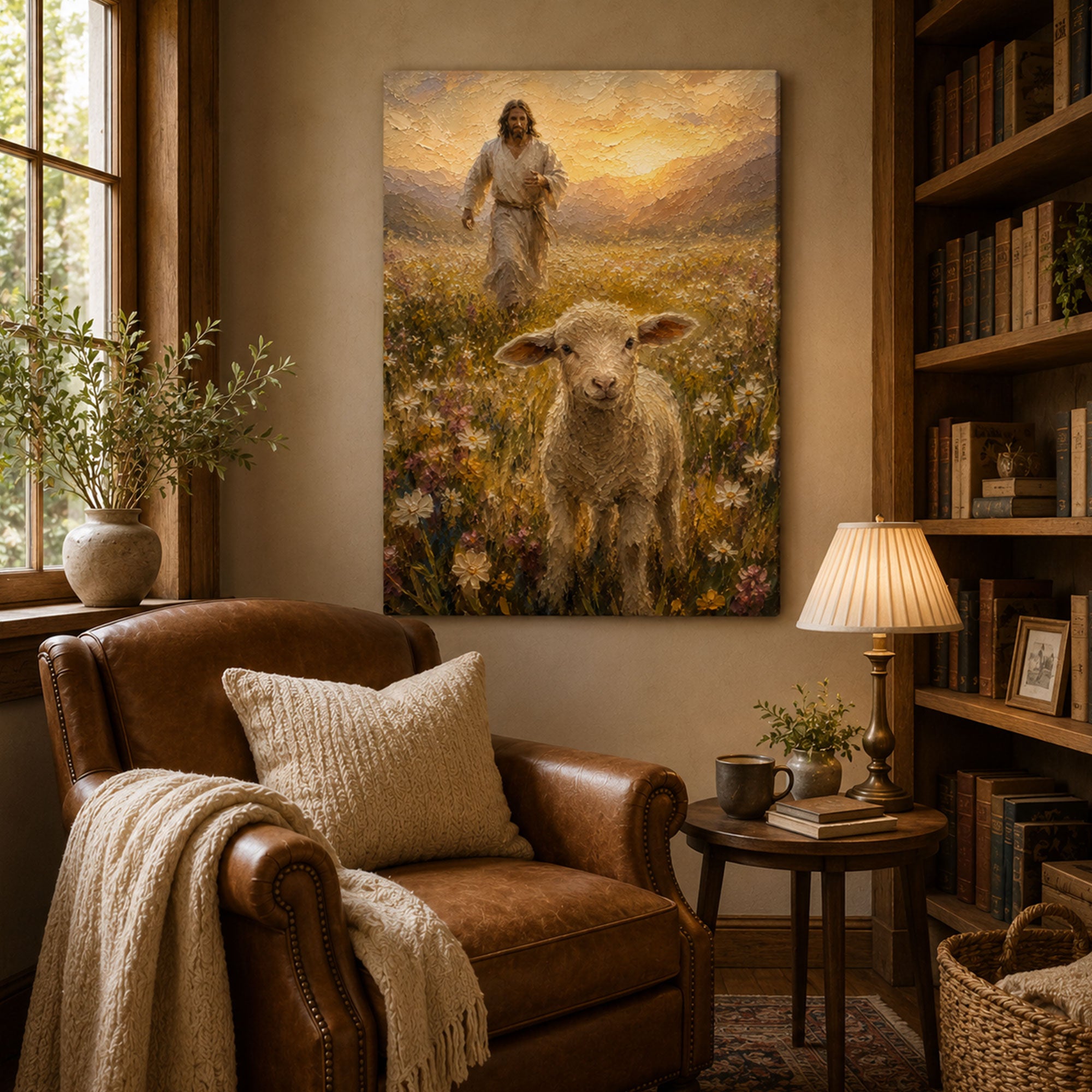 Good Shepherd Jesus and Lamb Canvas Print, Peaceful Christian Wall Art, Wildflower Meadow Home Decor