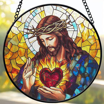 Sacred Heart of Jesus Faux Stained Glass Suncatcher, Christian Window Hanging Decor, Catholic Faith Gift