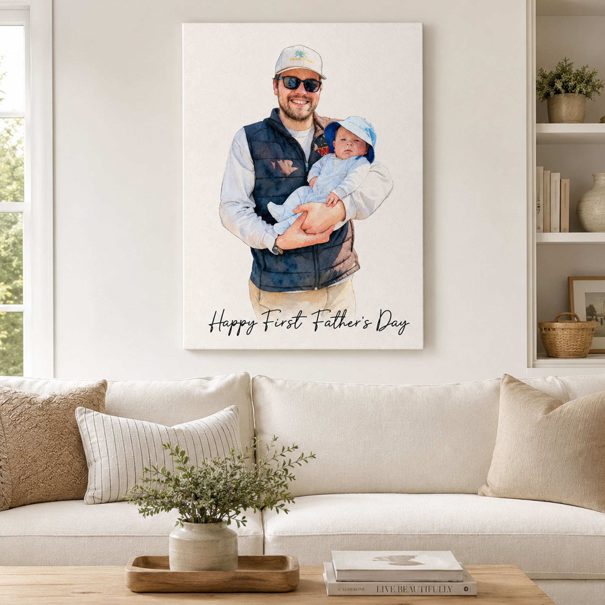 First Father’s Day Gift Personalized Watercolor Dad Portrait Canvas, Family Portrait Wall Art for Husband