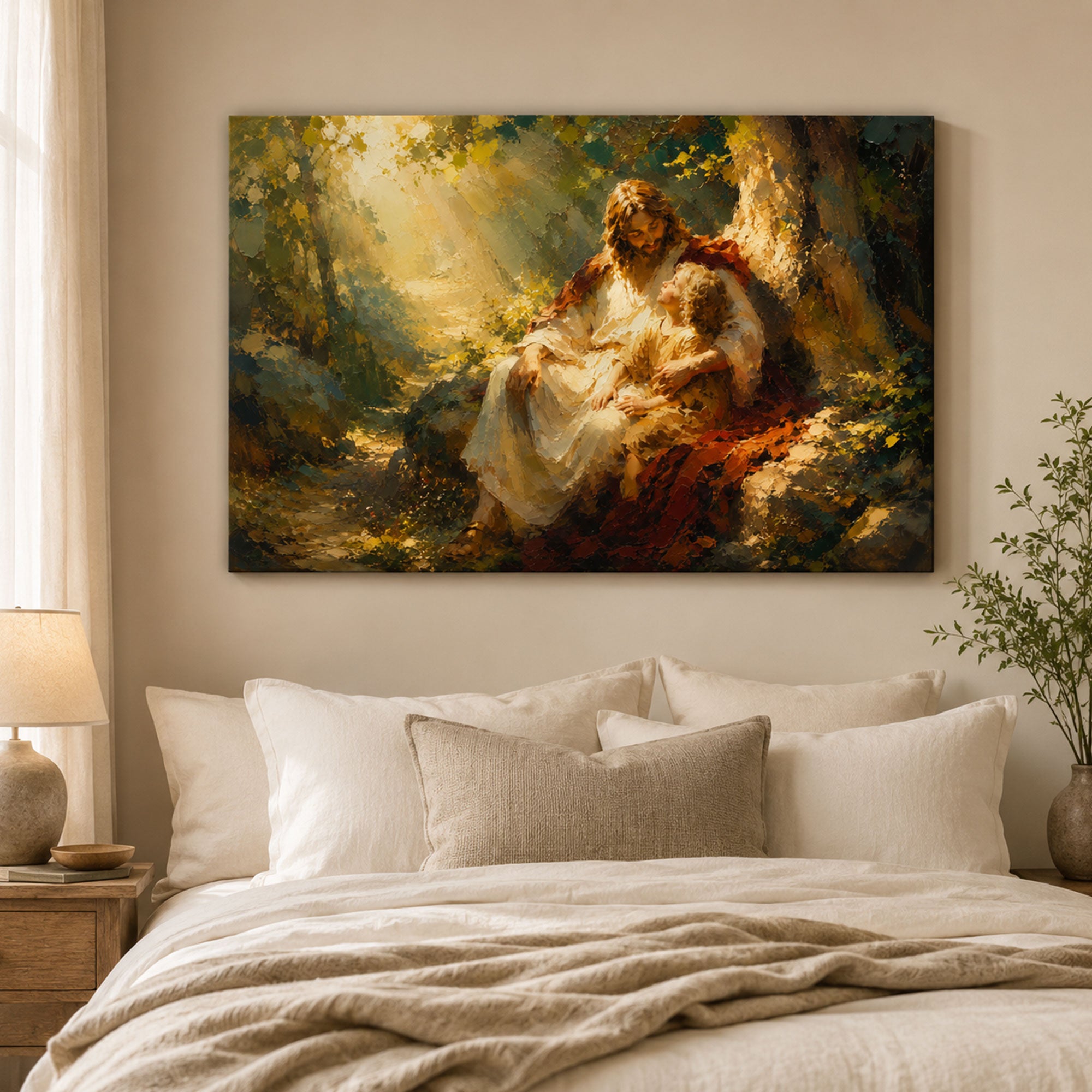 Jesus with Child Canvas Print, Peaceful Christian Wall Art, Family Faith Home Decor
