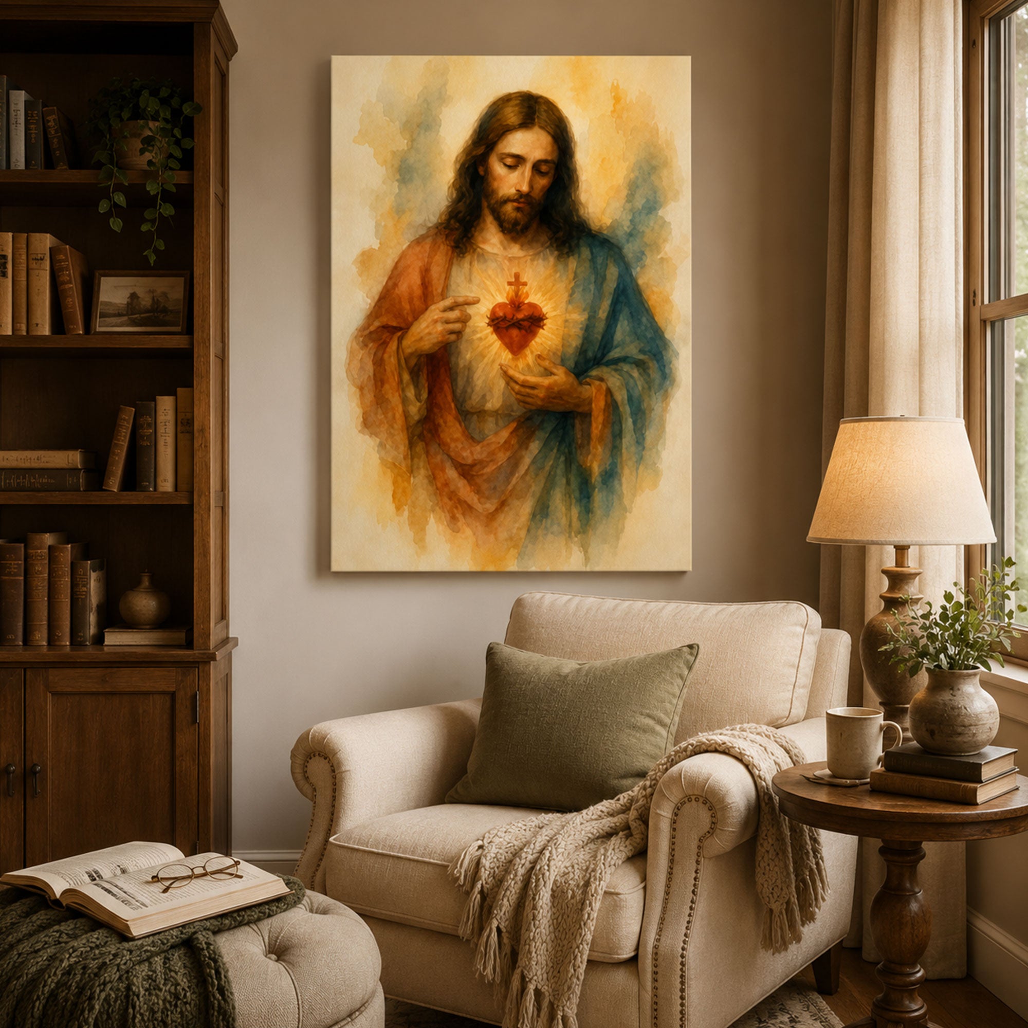 Sacred Heart of Jesus Watercolor Canvas Print, Christian Catholic Wall Art, Devotional Faith Home Decor