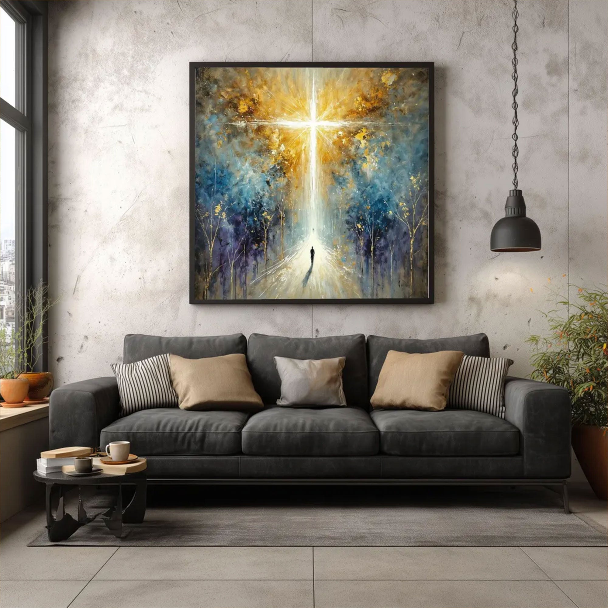 Radiant Cross Light Canvas Print, Spiritual Abstract Wall Art, Christian Inspirational Decor, Faith Journey Artwork