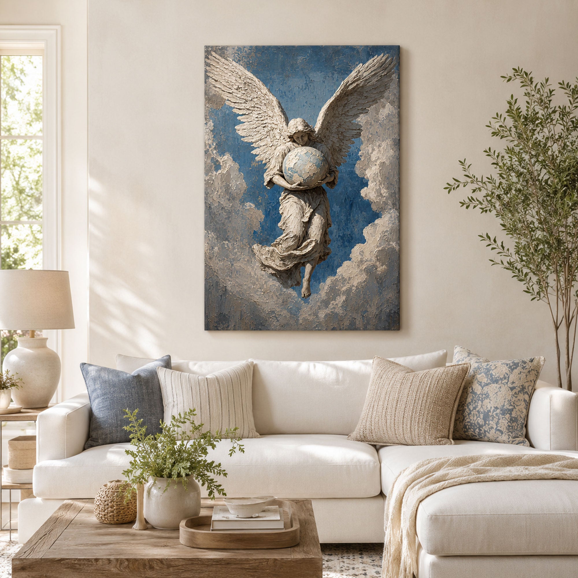 Heavenly Angel Holding the World Canvas Print, Christian Angel Wall Art, Faith Home Decor Gift