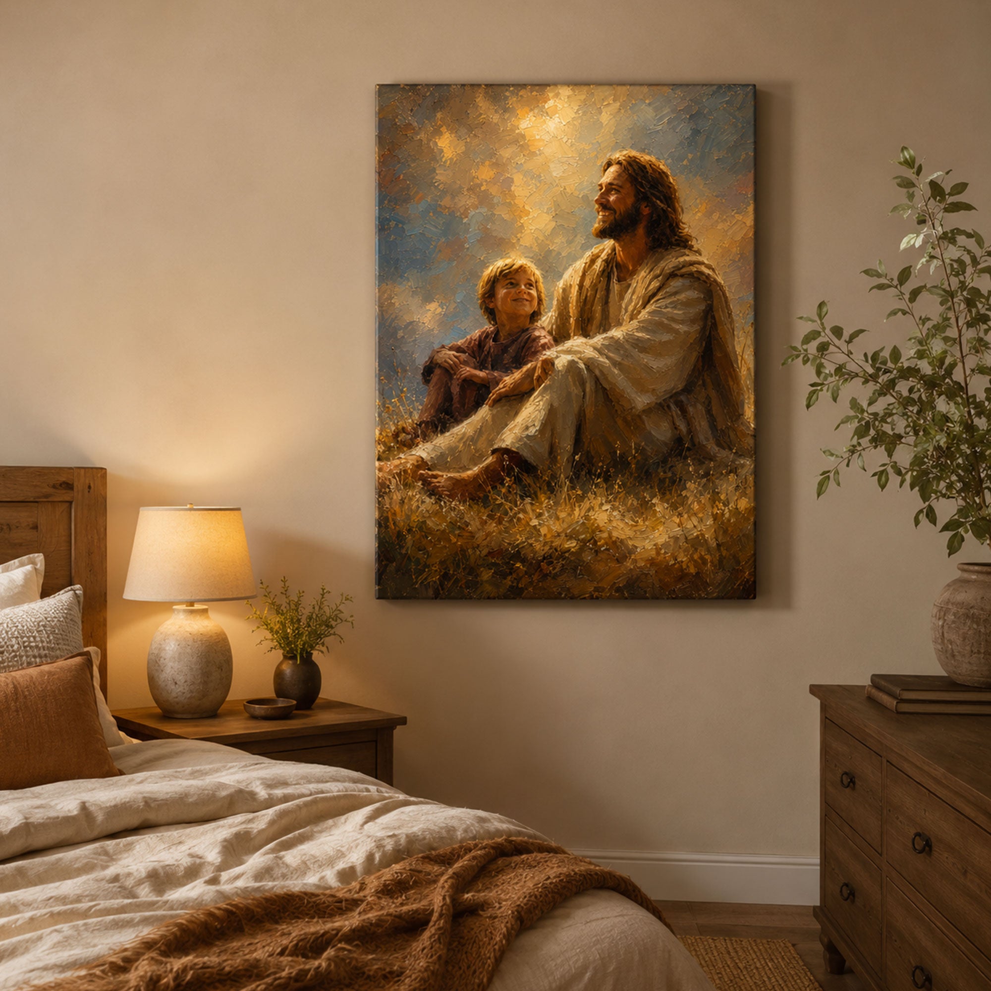 Jesus with Child Canvas Print, Christian Faith Wall Art, Peaceful Family Home Decor Gift