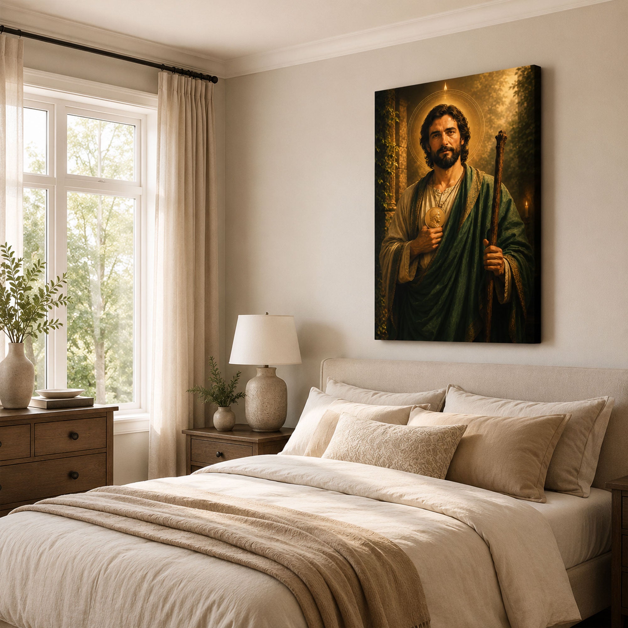 Saint Jude Thaddeus with Medallion Canvas Print, Green Catholic Decor