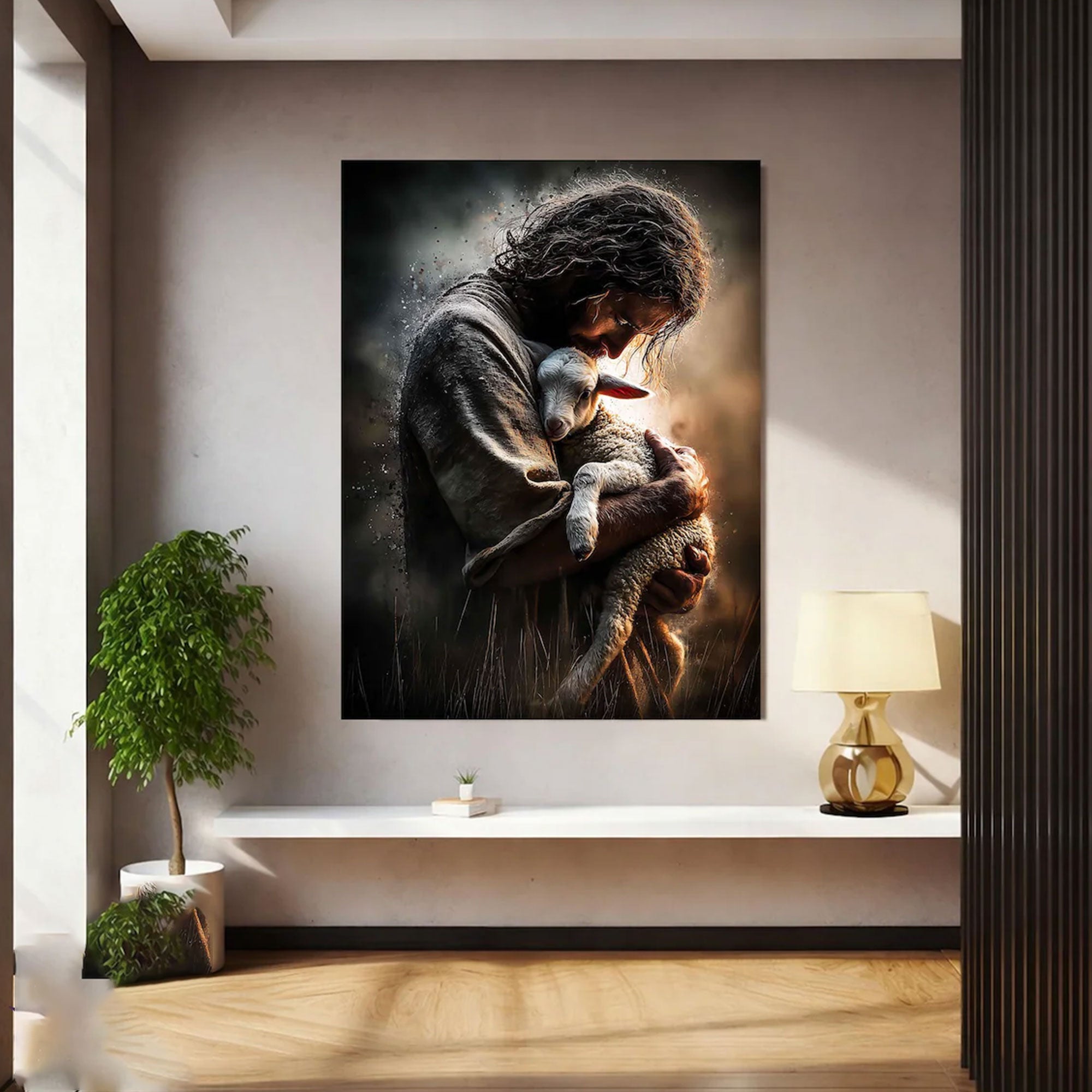 Jesus Holding Lamb Canvas Print, Good Shepherd Christian Wall Art, Religious Home Decor