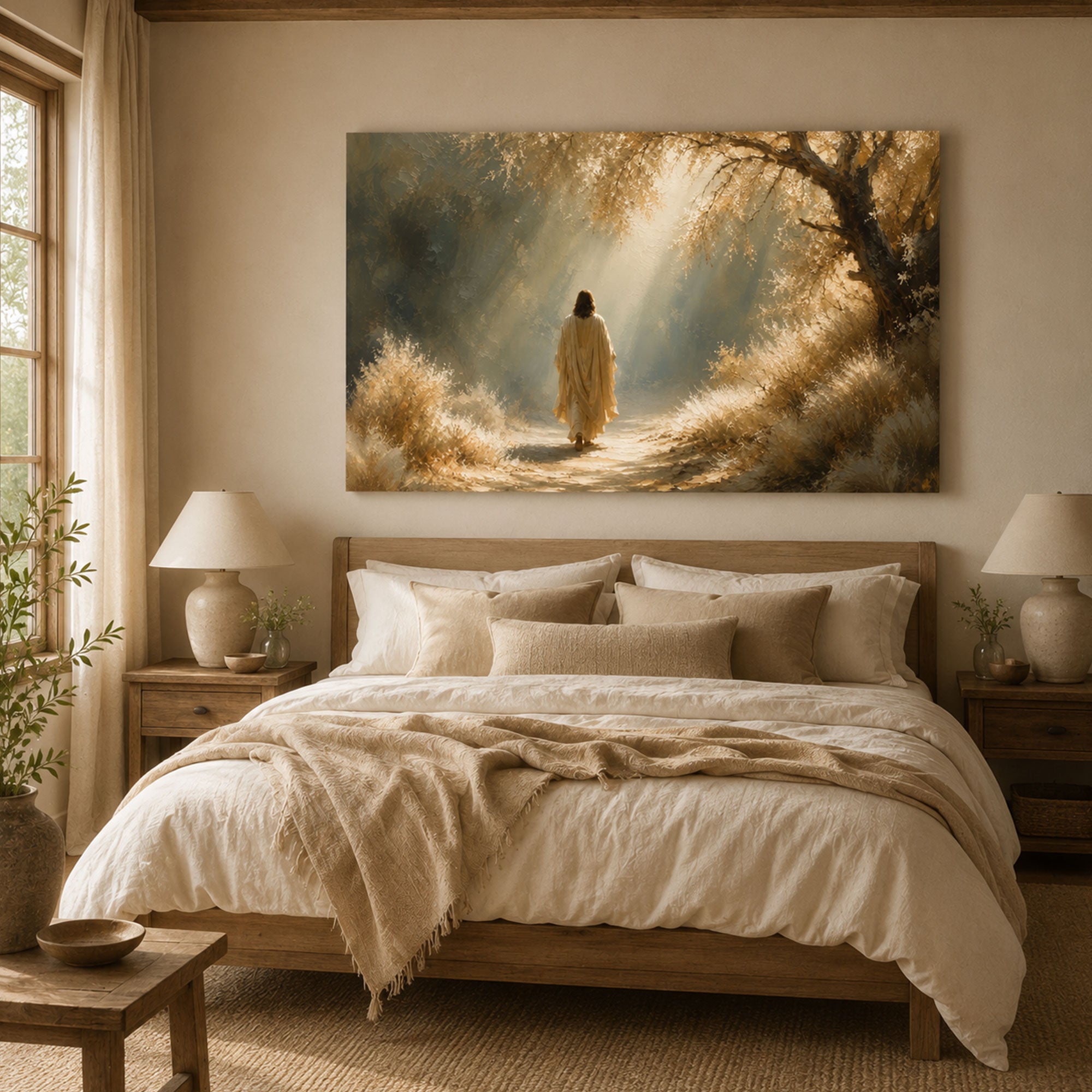 Jesus Walking Through Light Canvas Print, Peaceful Christian Wall Art, Path of Faith Home Decor