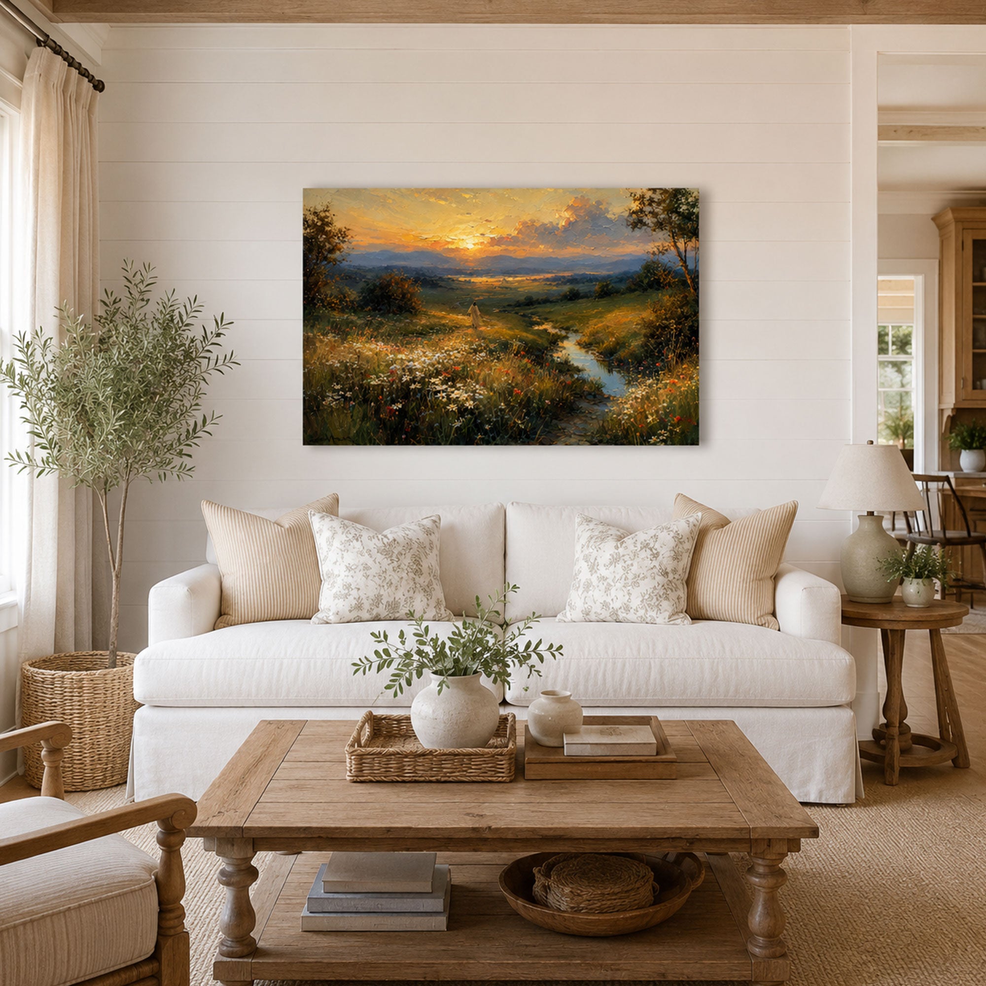Jesus Walking Through the Wildflower Valley Canvas Print, Sunset Christian Decor