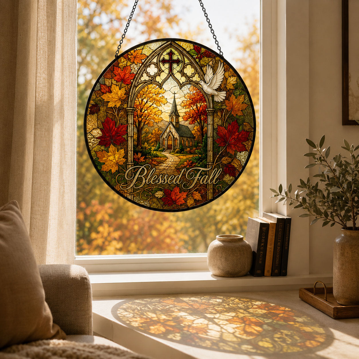 Blessed Fall Church Suncatcher, Autumn Leaves Christian Window Hanging, Faith Home Decor