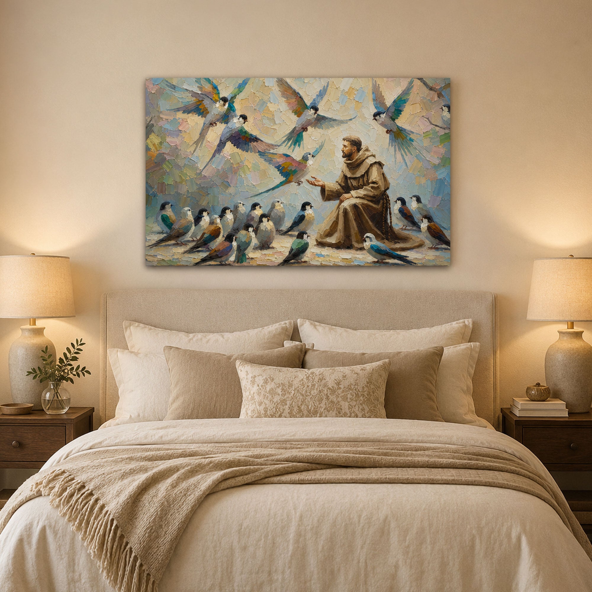 Saint Francis of Assisi Canvas Print, Catholic Saint Wall Art with Birds, Christian Home Decor Gift