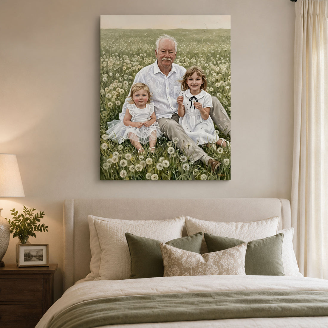 Personalized Fields Of Fluff Grandpa And Grandchildren Canvas Print, Custom Cozy Family Portrait Wall Art, Father’s Day Gift For Grandpa