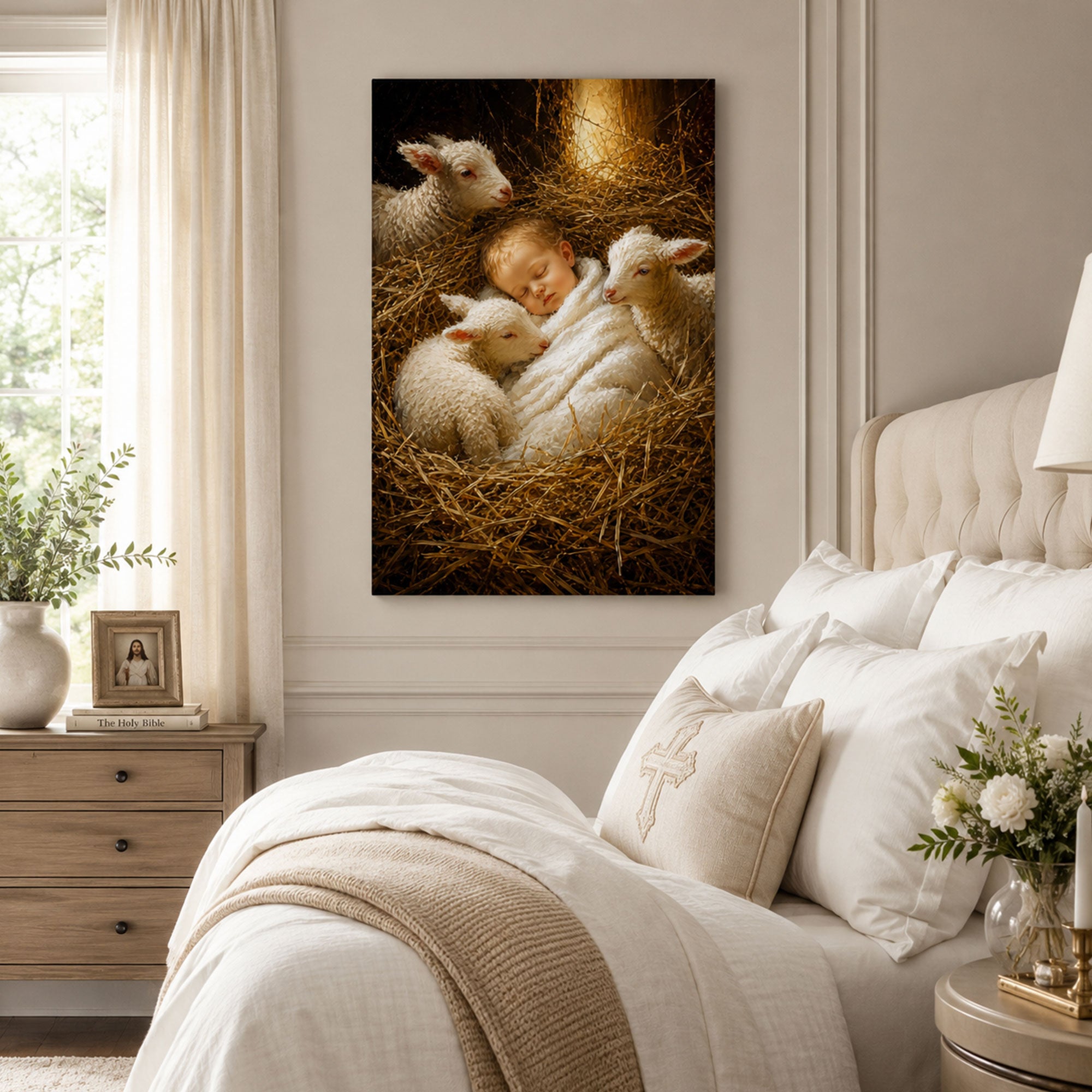 Lamb of God Baby Jesus Canvas Print, Nativity Christian Wall Art, Peaceful Faith Home Decor Gift