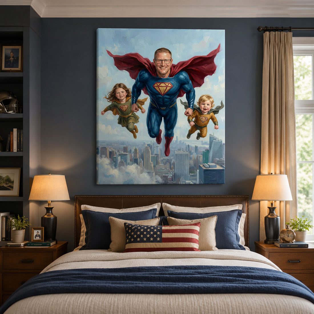 Custom Face Super Hero Dad Canvas, Personalized Father and Kids Wall Art, Funny Father’s Day Gift