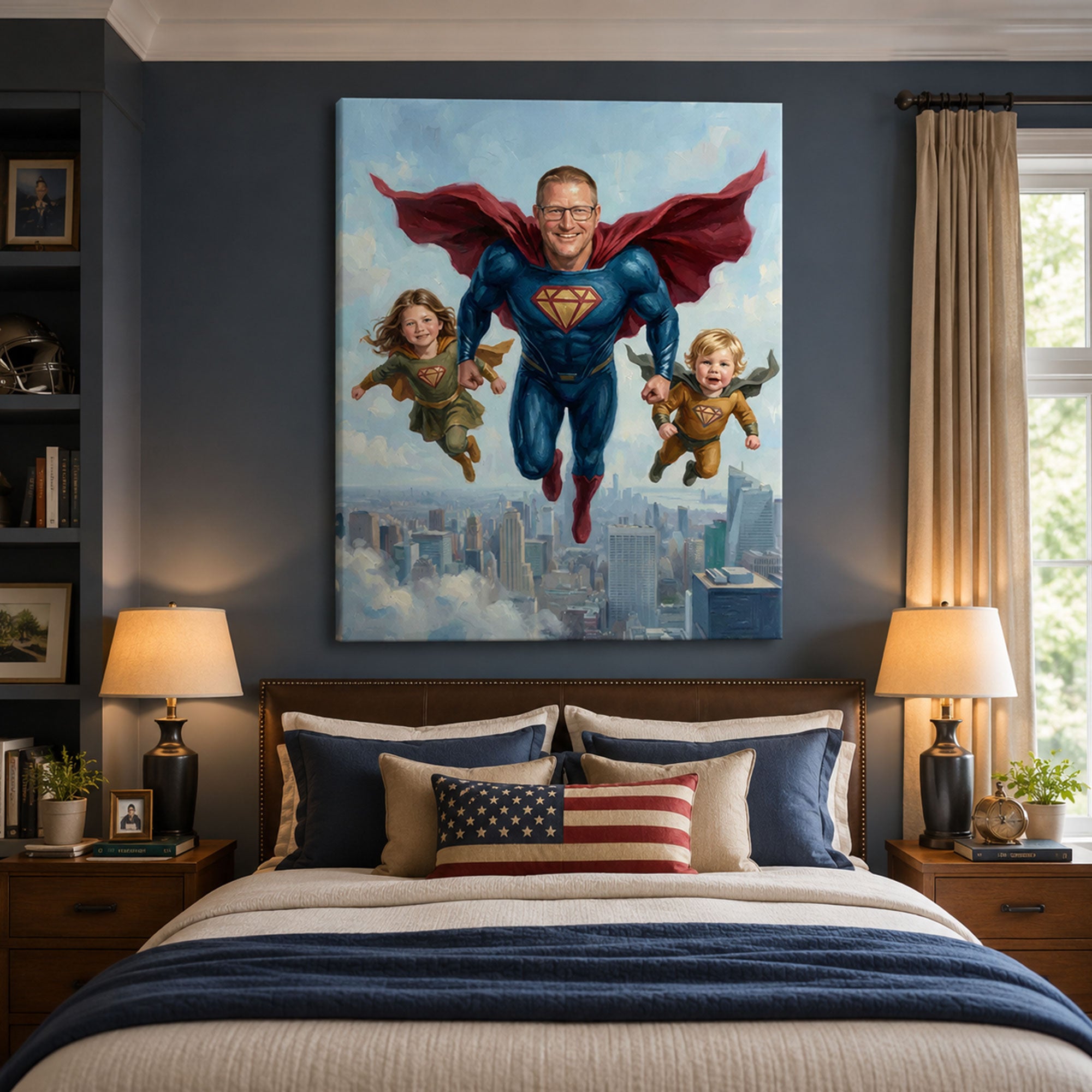 Custom Face Super Hero Dad Canvas, Personalized Father and Kids Wall Art, Funny Father’s Day Gift