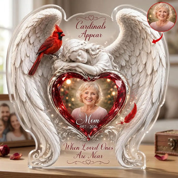 Personalized Cardinal Memorial Acrylic Desk Plaque, When Loved Ones Are Near, Angel Wings Photo Keepsake