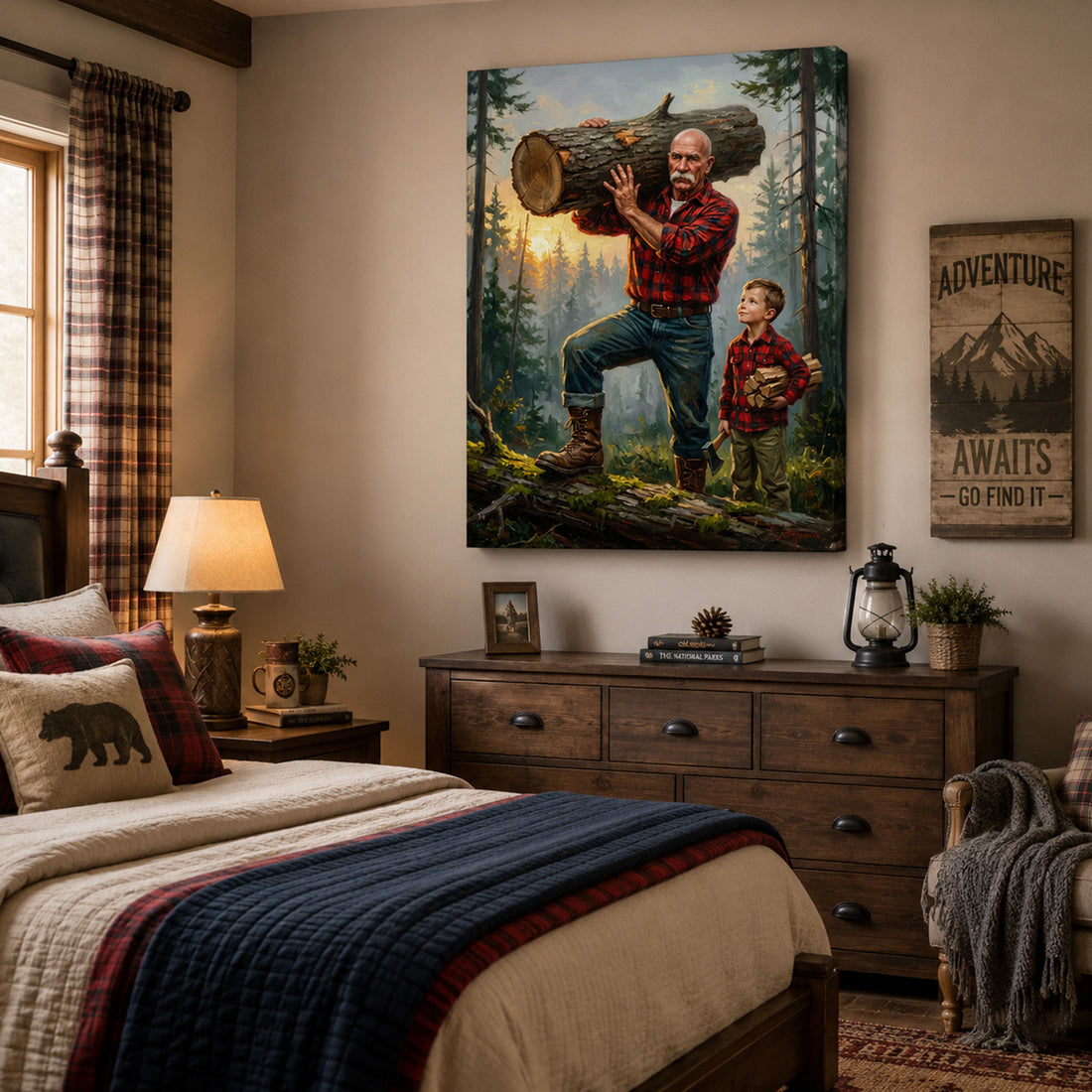 Custom Lumberjack Grandpa Canvas Print, Personalized Grandfather And Grandkids Portrait, Rustic Wall Art Gift