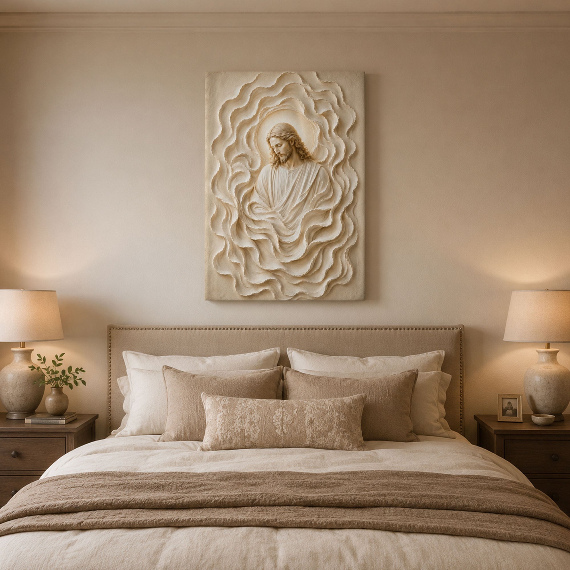 Jesus White Rose Canvas Print, Neutral Christian Floral Wall Art, Faith Home Decor Gift