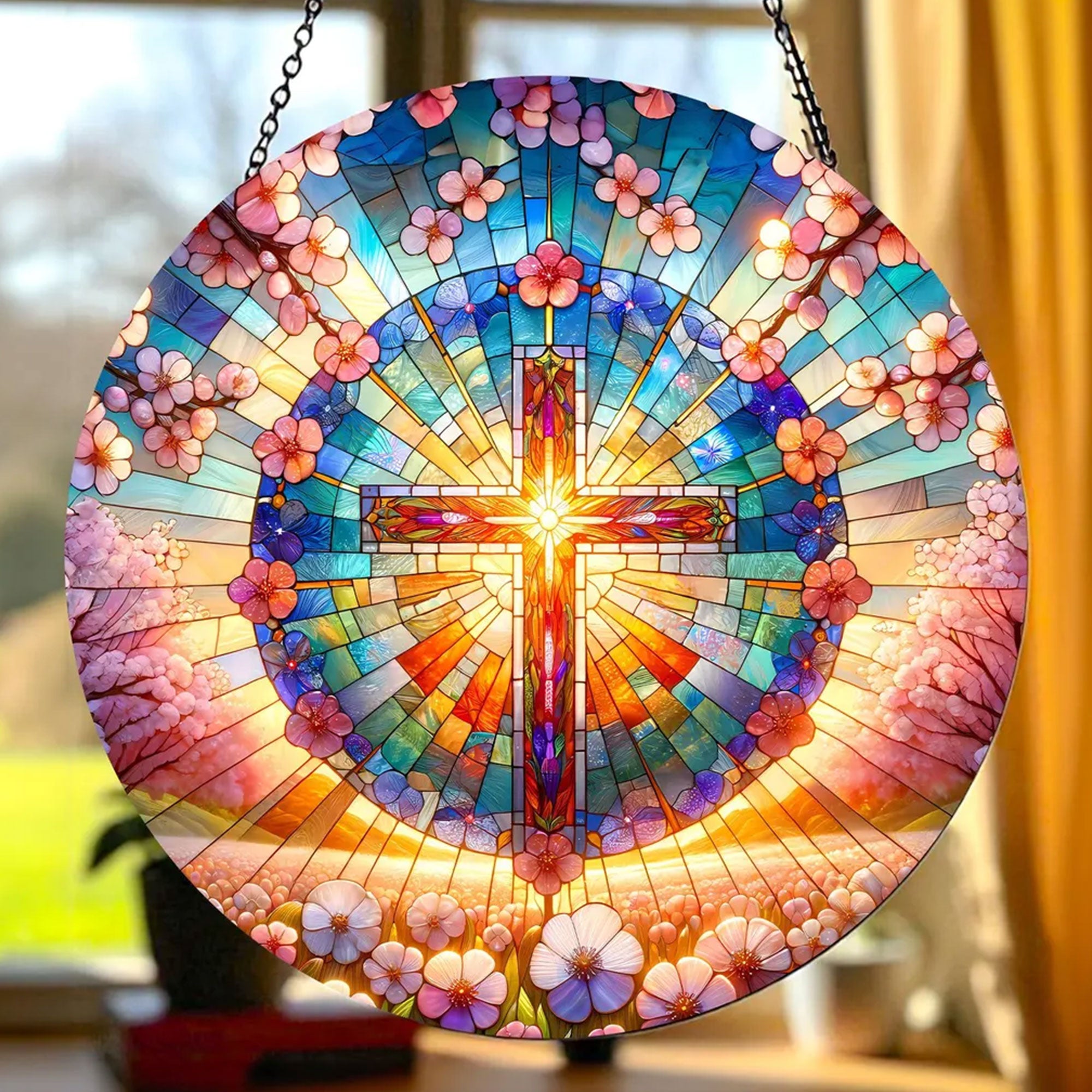 Stained Glass Cross Suncatcher, Christian Window Hanging Decor, Religious Home Decor, Faith Gift, Spiritual Art