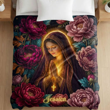 Personalized Virgin Mary Prayer Fleece Blanket, Catholic Floral Throw, Custom Name Christian Gift for Mom or Grandma, Faith Gift