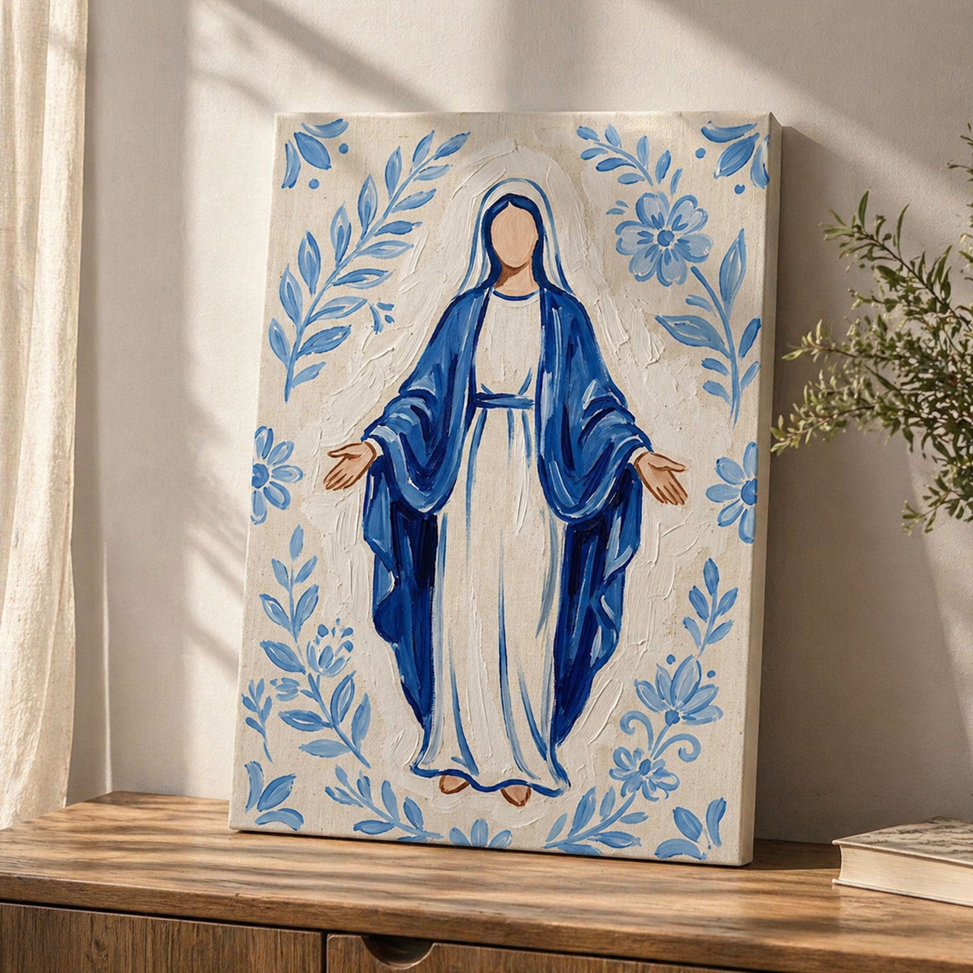 Minimalist Virgin Mary Canvas Print, Blue Madonna Catholic Wall Art, Christian Religious Decor, Sacred Home Painting