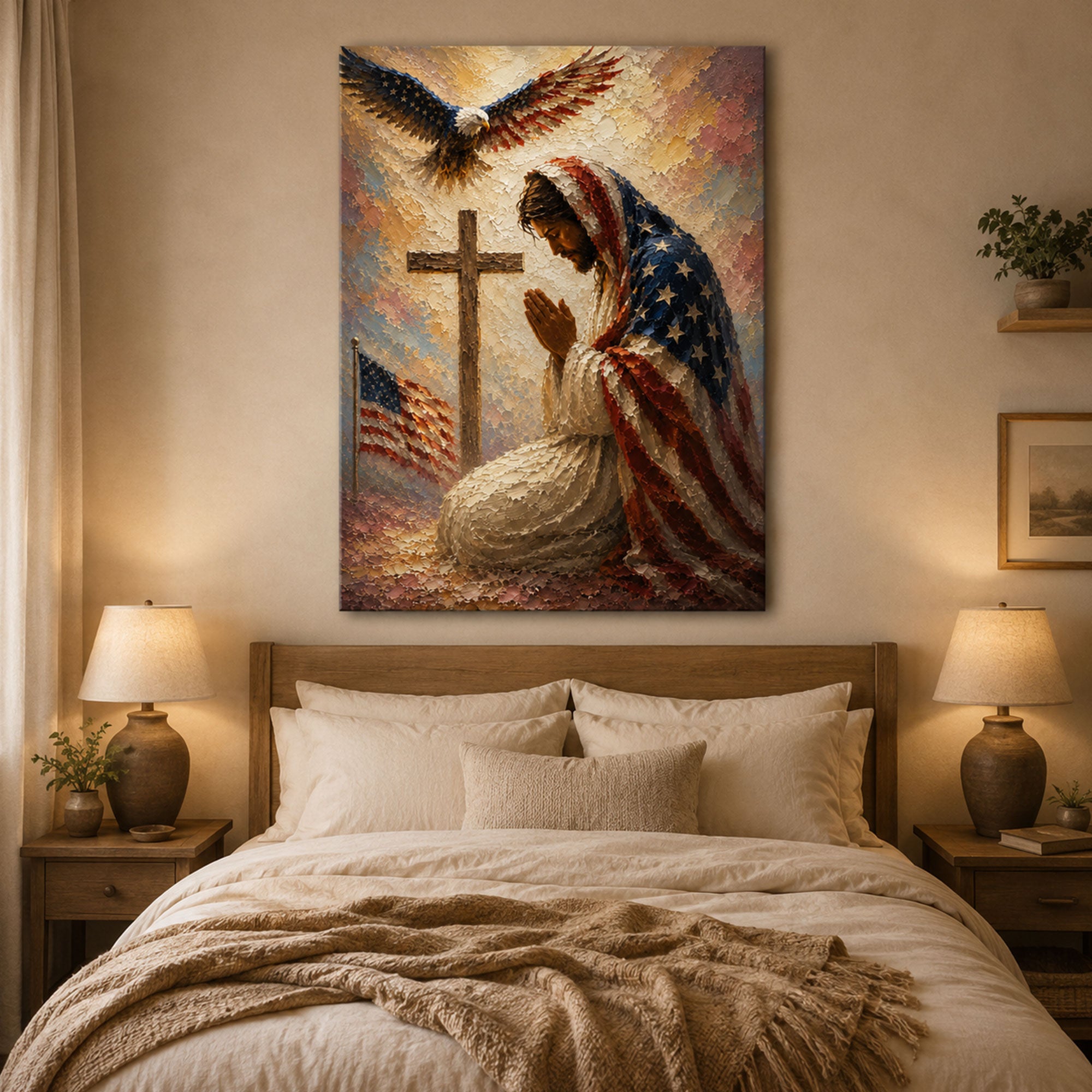 Jesus Praying at Cross Canvas Print, American Flag Christian Wall Art, Patriotic Faith Home Decor