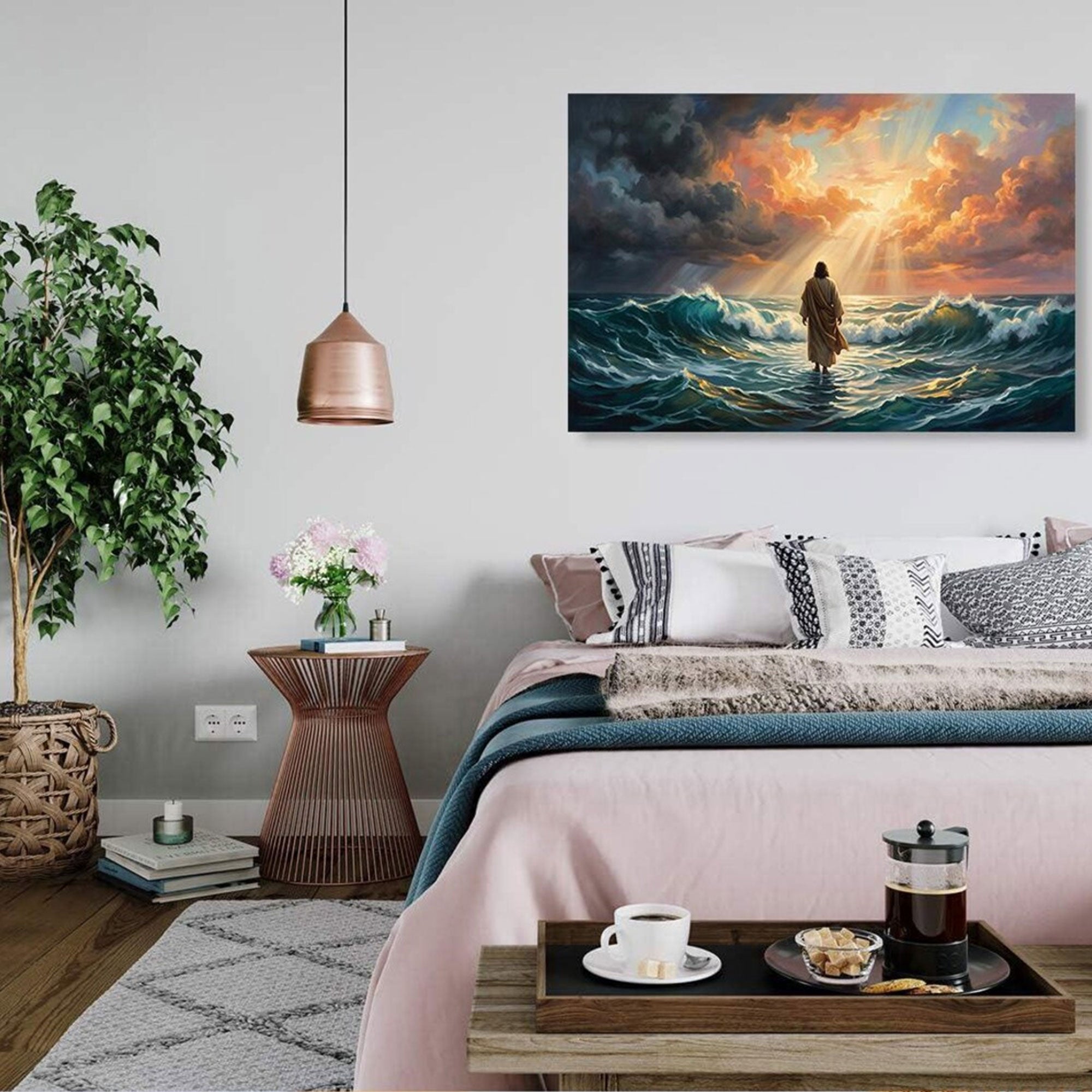 Jesus Walking on Water Canvas Wall Art, Christian Faith Ocean Miracle Decor, Inspirational Religious Artwork
